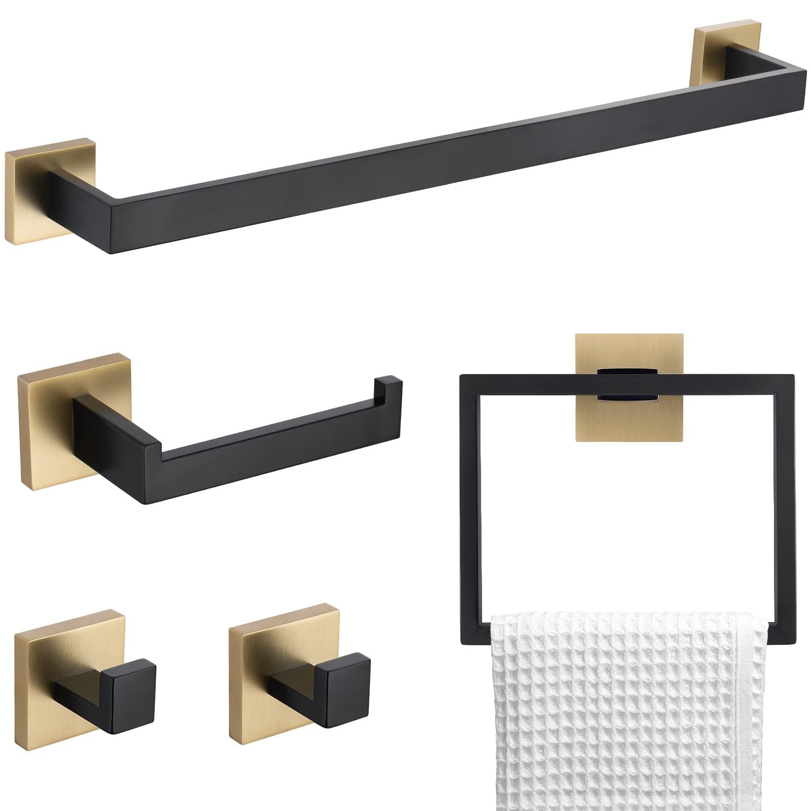 5 Pieces Bathroom Hardware Accessories Set Towel Bar Set Wall Mounted,Stainless Steel Black Gold Stainless Steel