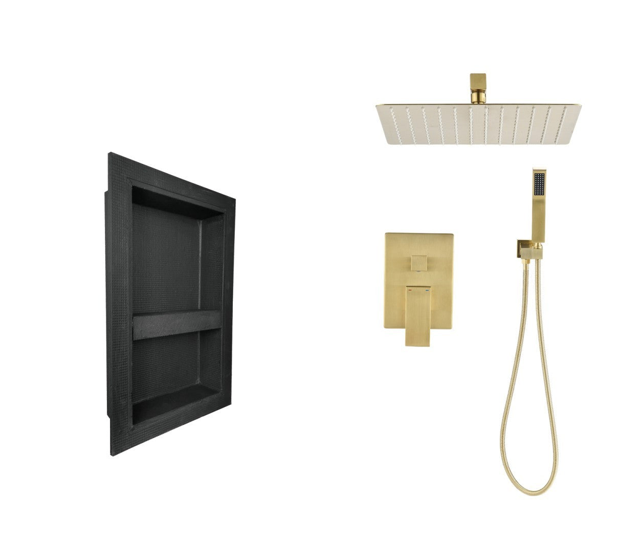 Shower System With Shower Head, Hand Shower, Hose, Valve Trim, Lever Handles And Niche Brushed Gold Brass