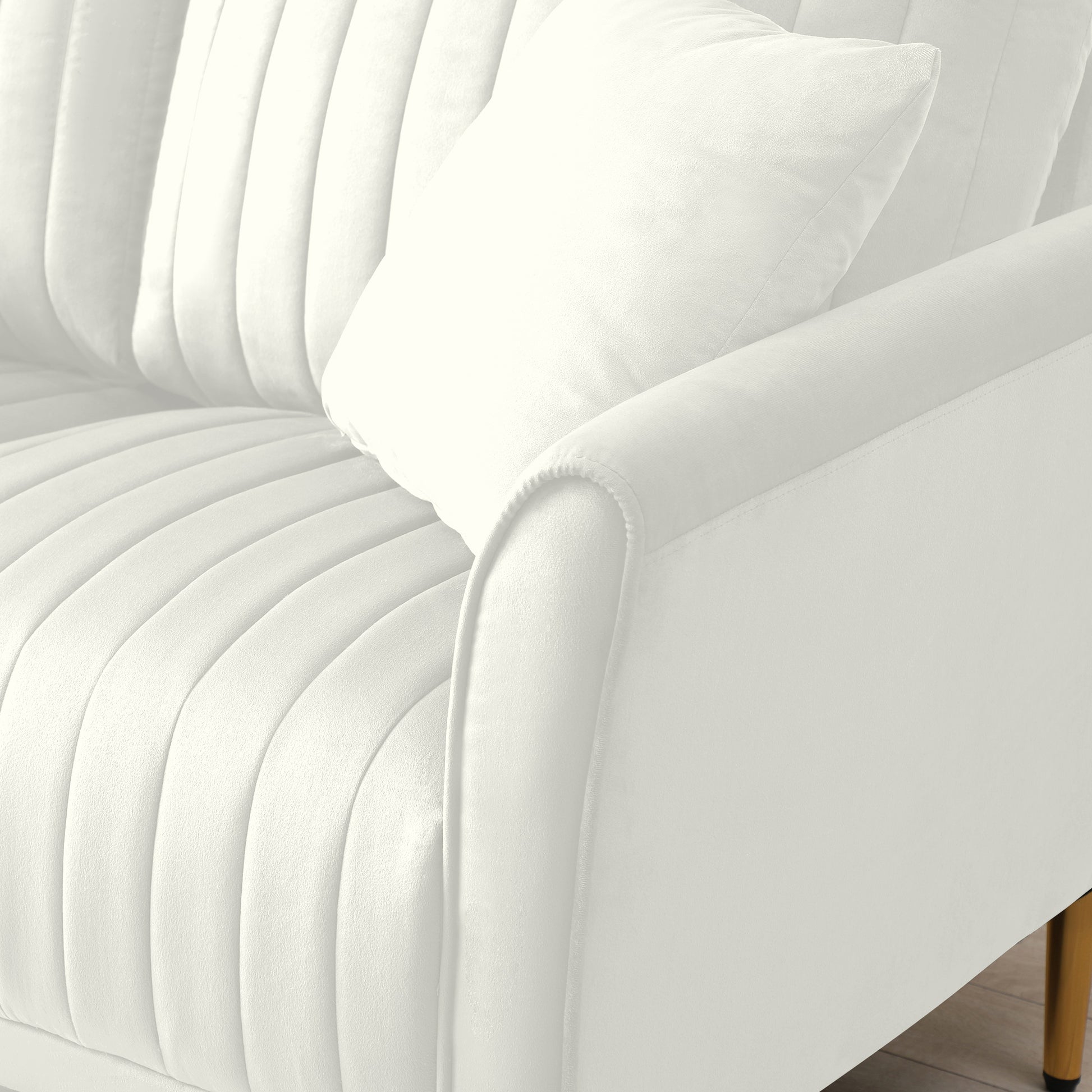 Contemporary Velvet Upholstered 3 Seater Sofa With Deep Channel Tufting And Gold Metal Legs, Cream Cream Foam Velvet