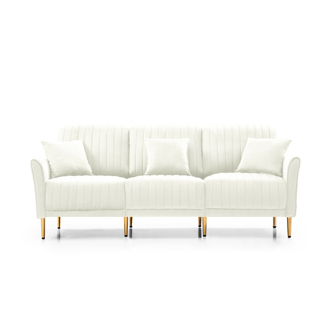 Contemporary Velvet Upholstered 3 Seater Sofa With Deep Channel Tufting And Gold Metal Legs, Cream Cream Foam Velvet