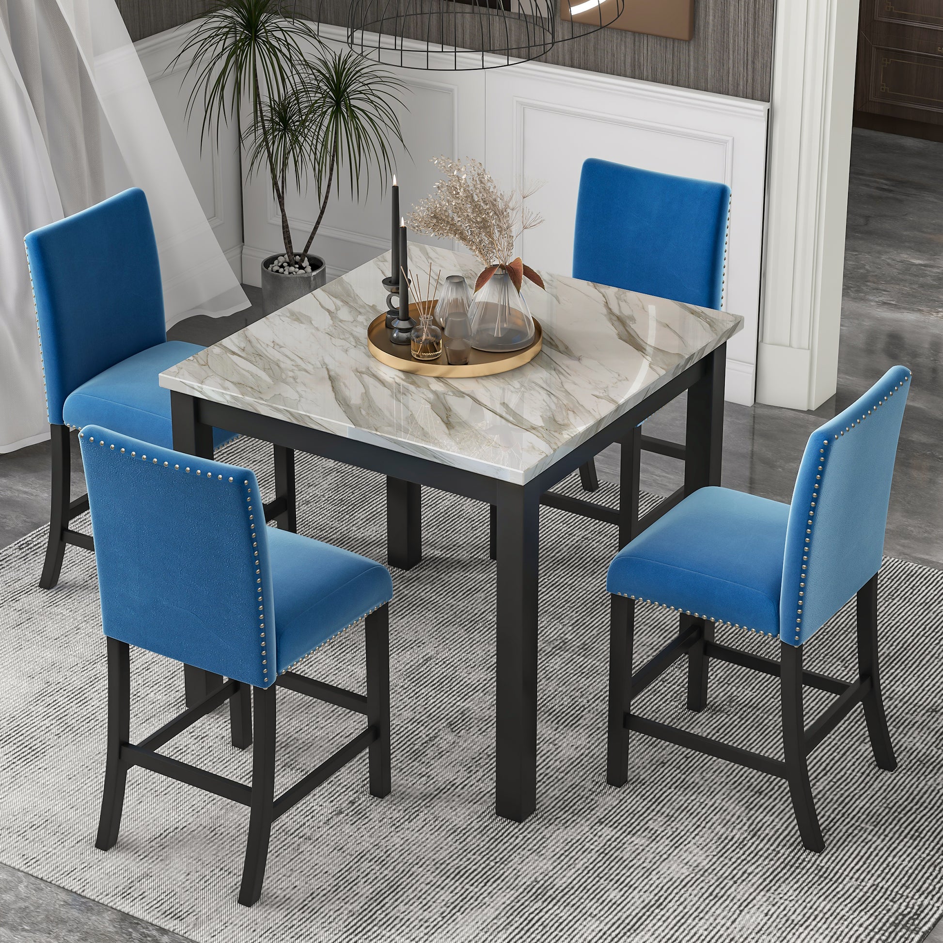 5 Piece Counter Height Dining Table Set With One Faux Marble Dining Table And Four Upholstered Seat Chairs, Table Top: 40In.L X40In.W, For Kitchen And Living Room Furniture,Blue Blue Mdf