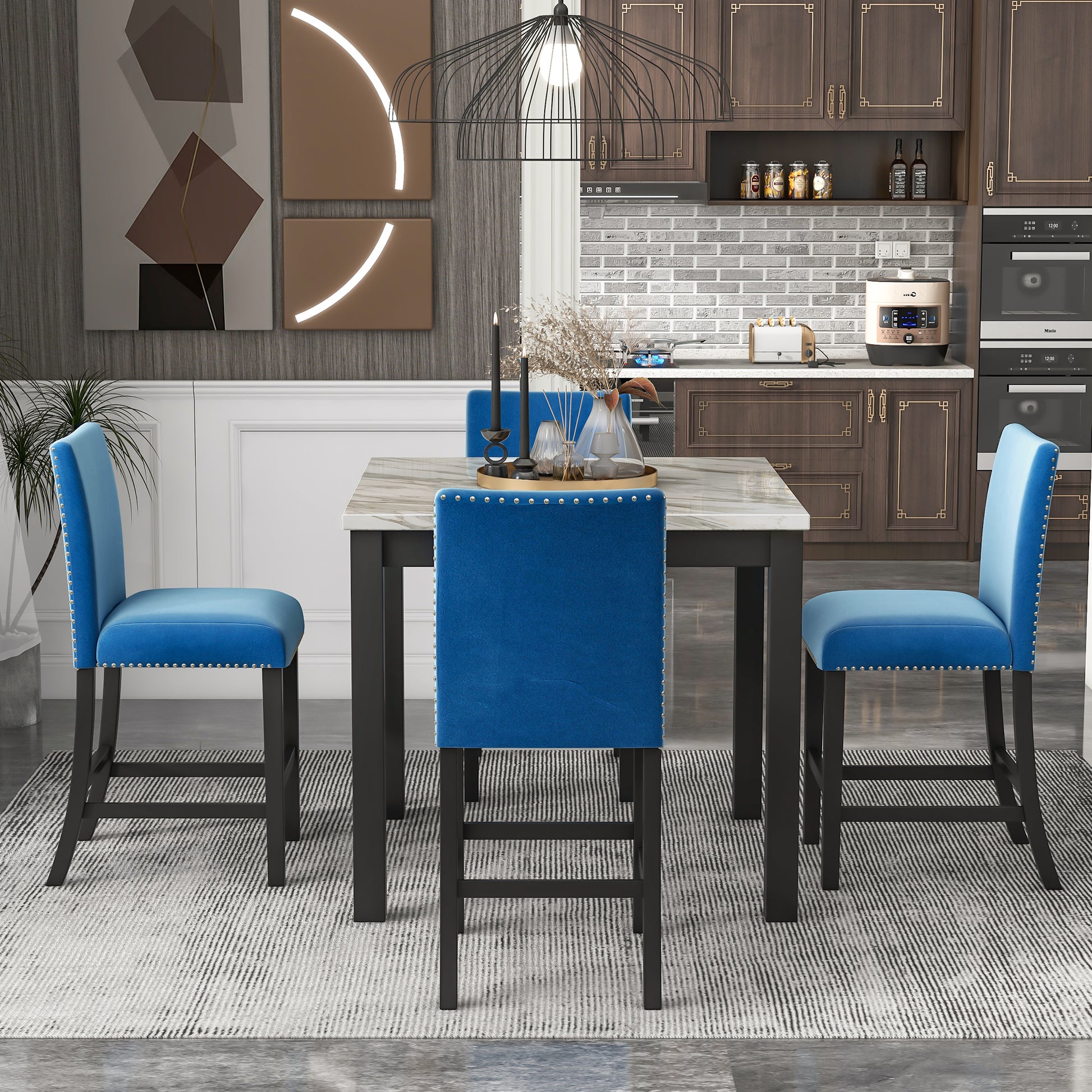 5 Piece Counter Height Dining Table Set With One Faux Marble Dining Table And Four Upholstered Seat Chairs, Table Top: 40In.L X40In.W, For Kitchen And Living Room Furniture,Blue Blue Mdf