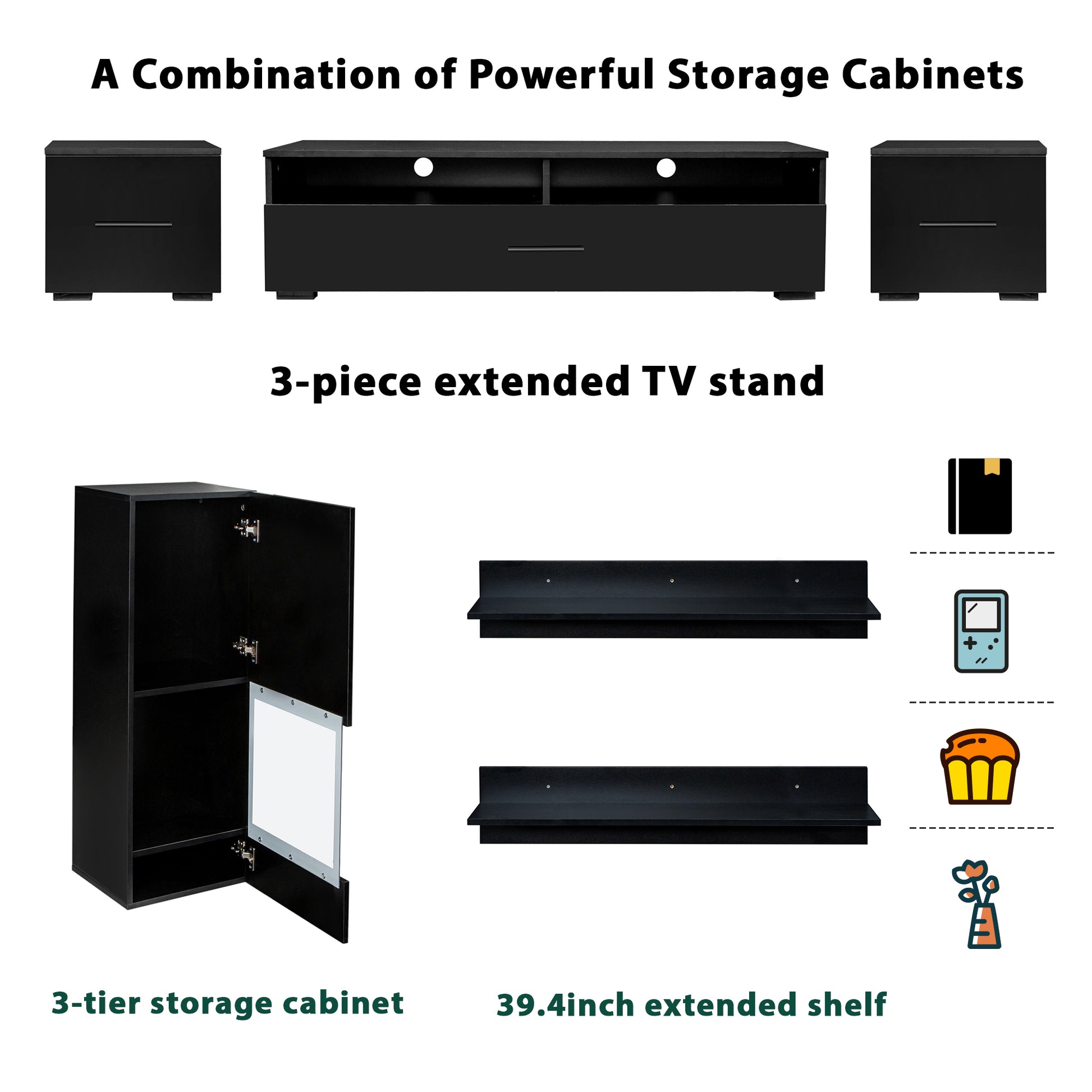 Extended, Minimalist Style 7 Pieces Floating Tv Stand Set, High Gloss Wall Mounted Entertainment Center With 16 Color Led Light Strips For 90 Inch Tv, Black Black Particle Board