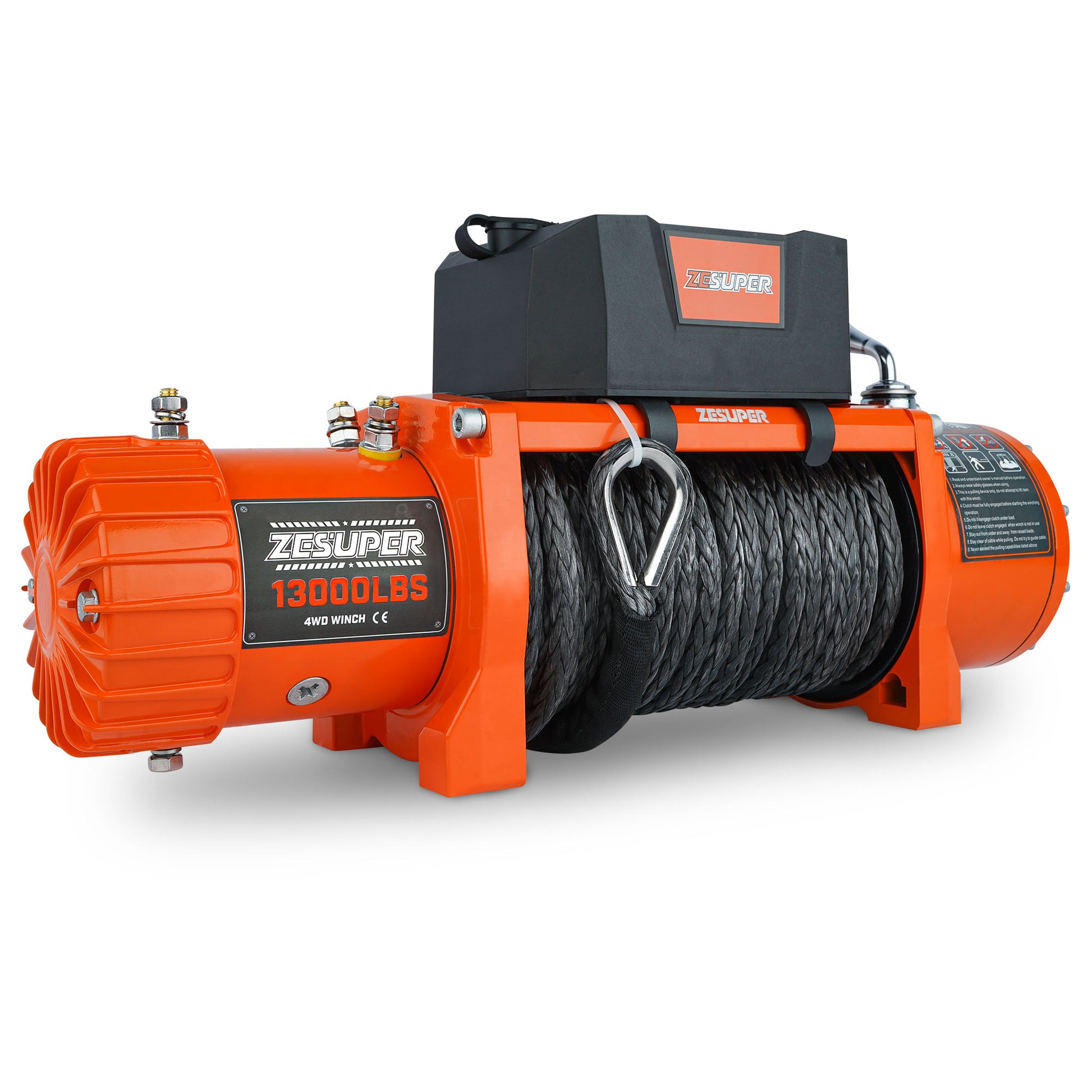 Zesuper 13000 Lb Load Capacity Electric Winch 12V Waterproof Ip67 Winch Truck Winch Kit Synthetic Rope, Waterproof Off Road Winch For Jeep,Truck,Suv With Wirless Remote And Corded Control Orange Stainless Steel