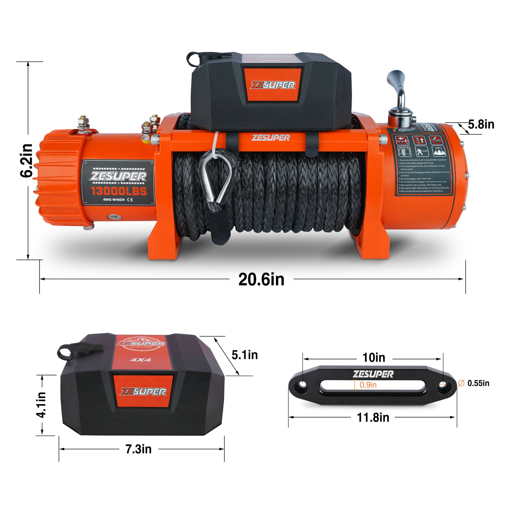 Zesuper 13000 Lb Load Capacity Electric Winch 12V Waterproof Ip67 Winch Truck Winch Kit Synthetic Rope, Waterproof Off Road Winch For Jeep,Truck,Suv With Wirless Remote And Corded Control Orange Stainless Steel