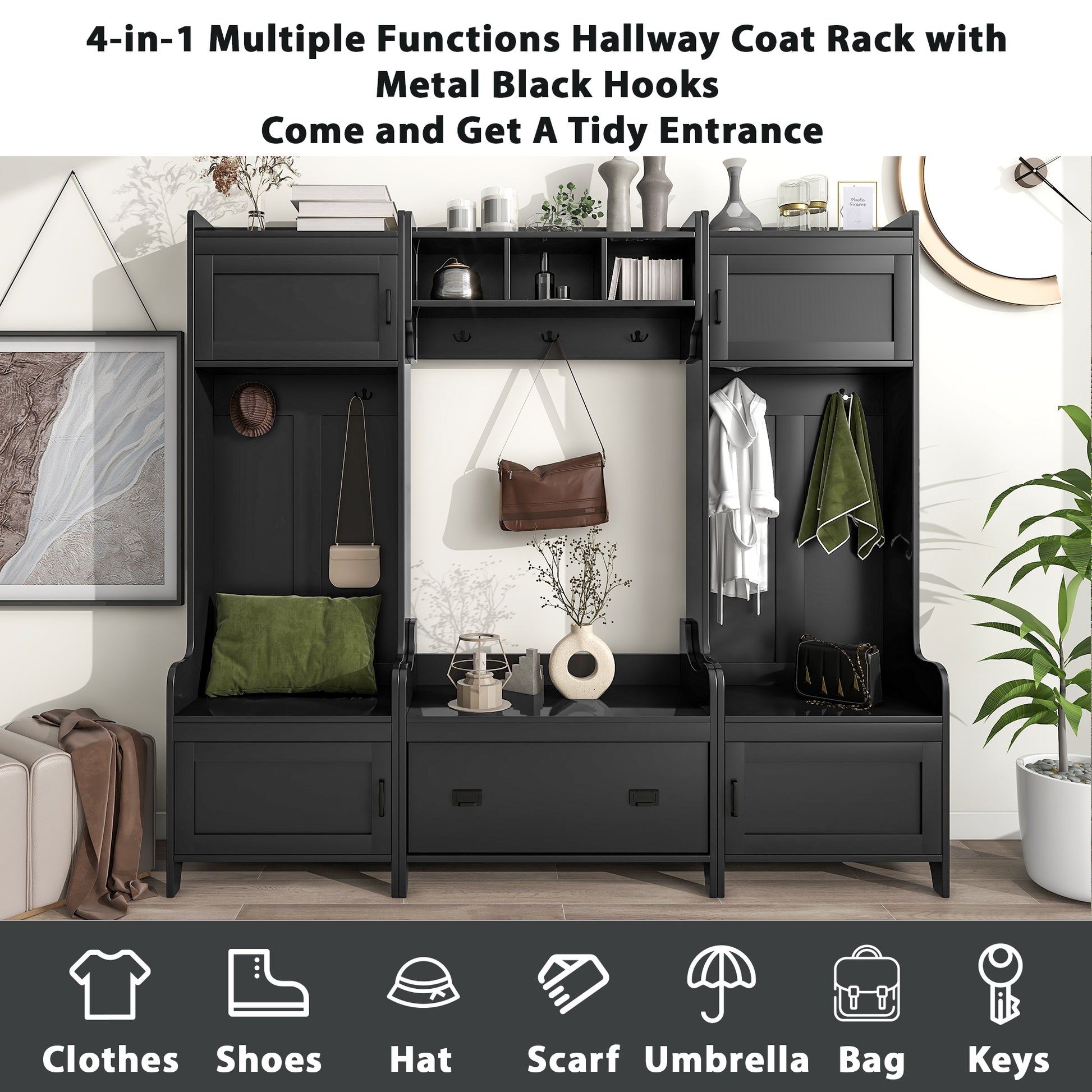 Modern Style 4 In 1 Multiple Functions Hallway Coat Rack With Seven Metal Black Hooks, Entryway Bench Hall Tree With Large Storage Drawer, Black Old Sku: Sd000006Aab Black Primary Living Space Particle Board