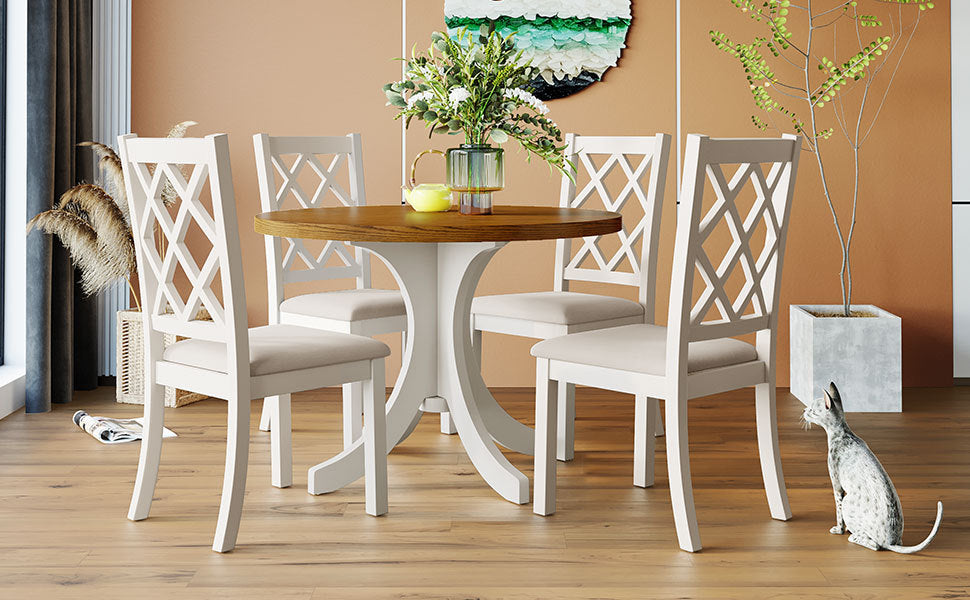 Mid Century Solid Wood 5 Piece Round Dining Table Set, Kitchen Table Set With Upholstered Chairs For Small Places, Walnut Table Beige Chair Wood Dining Room Solid Wood Rubberwood Round Dining Table With Chair Upholstered Chair Wood Walnut Slat Back Seats