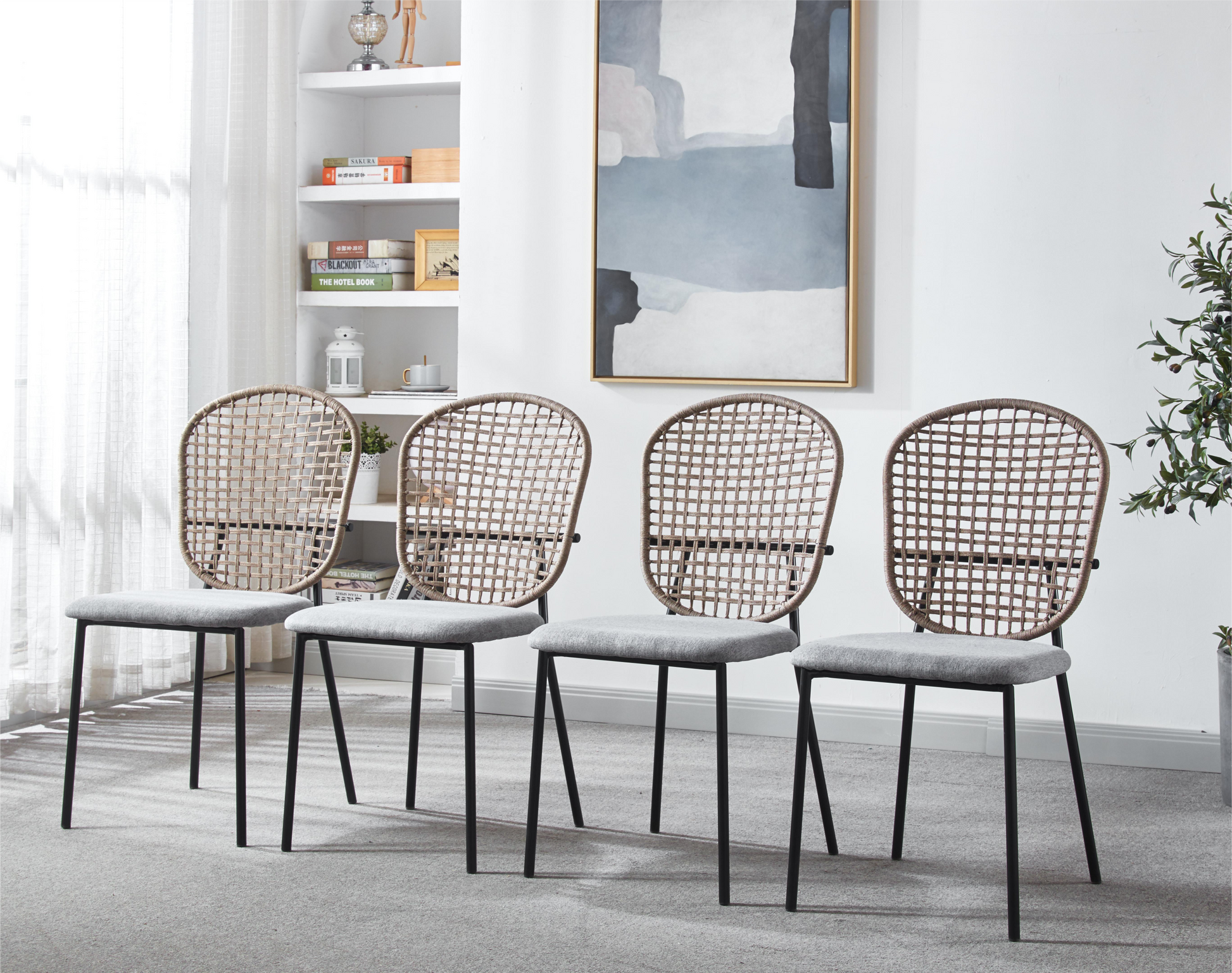 Black And Gray Sennit Chair,Set Of 4,Dining Chair,Coffee Chair Matt Black Metal