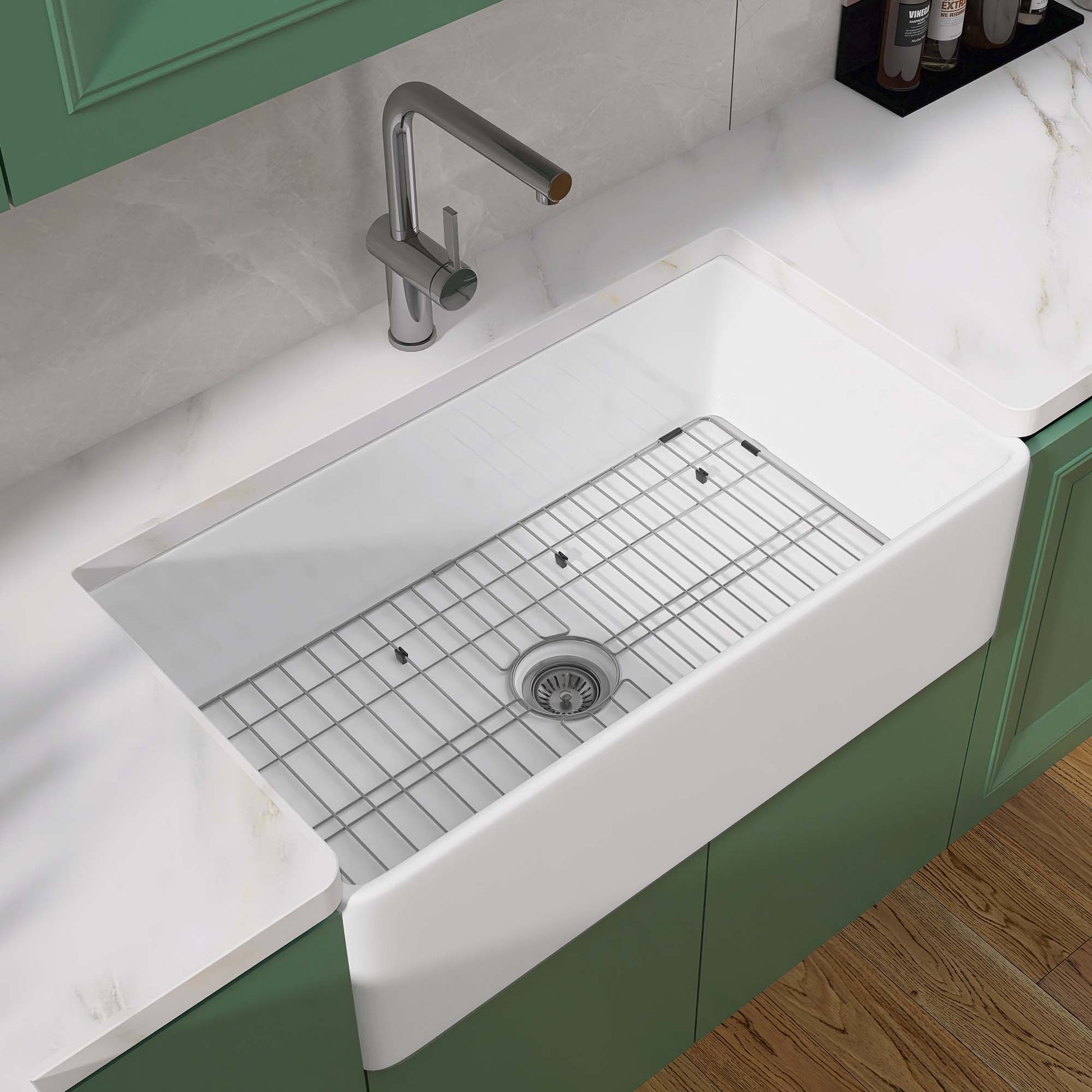 36 Inch Fireclay Farmhouse Kitchen Sink White Single Bowl Apron Front Kitchen Sink, Bottom Grid And Kitchen Sink Drain Included Natural Kitchen Modern Fireclay