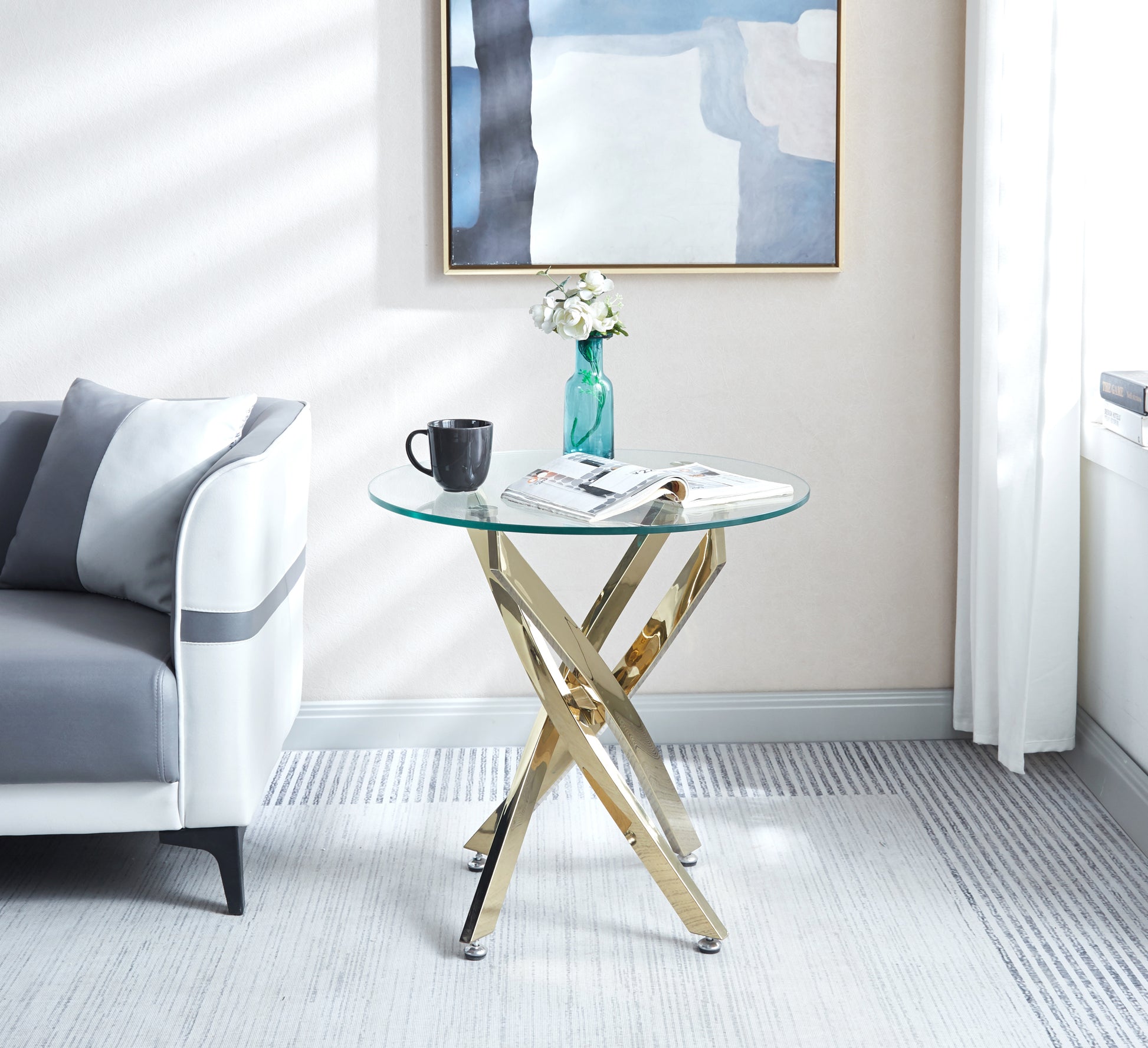 Modern Round Tempered Glass End Table With Stainless Steel Legs Gold Glass