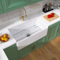 36 Inch Fireclay Farmhouse Kitchen Sink White Single Bowl Apron Front Kitchen Sink, Bottom Grid And Kitchen Sink Drain Included Natural Kitchen Modern Fireclay