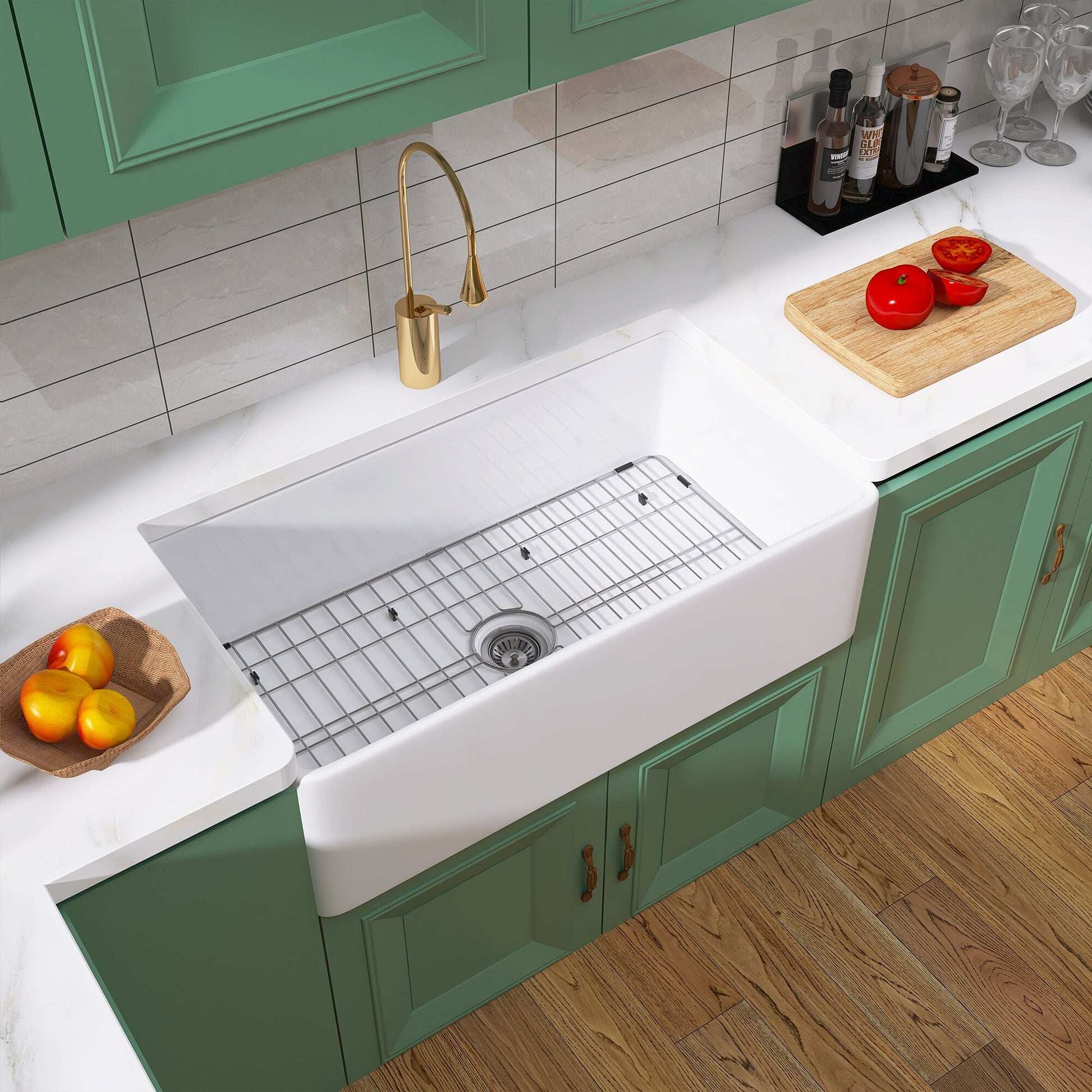 30 Inch Fireclay Farmhouse Kitchen Sink White Single Bowl Apron Front Kitchen Sink, Bottom Grid And Kitchen Sink Drain Included Natural Modern Fireclay