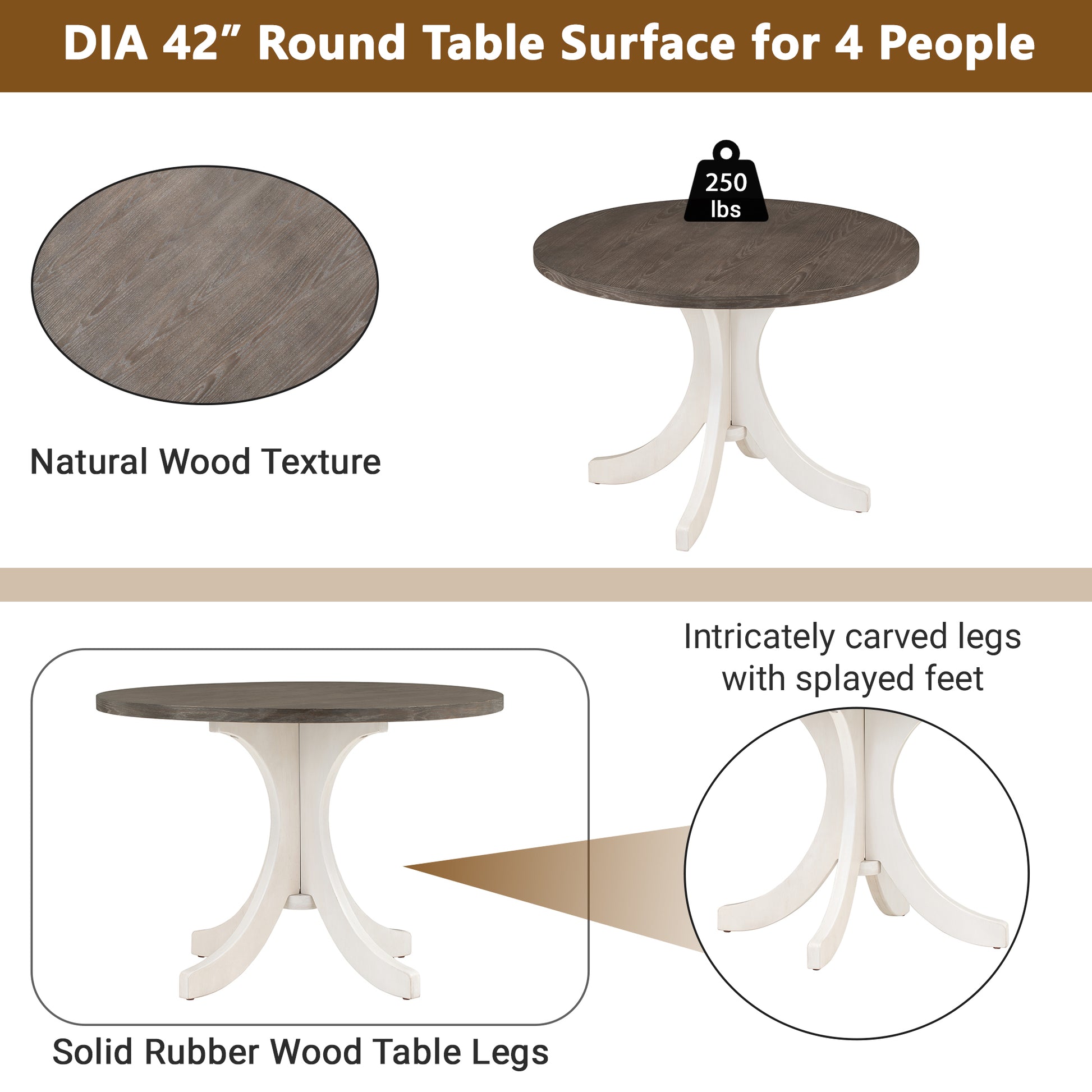 Mid Century Solid Wood 5 Piece Round Dining Table Set, Kitchen Table Set With Upholstered Chairs For Small Places, Brown Table Gray Chair Brown Wood Dining Room Solid Wood Rubberwood Round Dining Table With Chair Upholstered Chair Wood Brown Slat Back