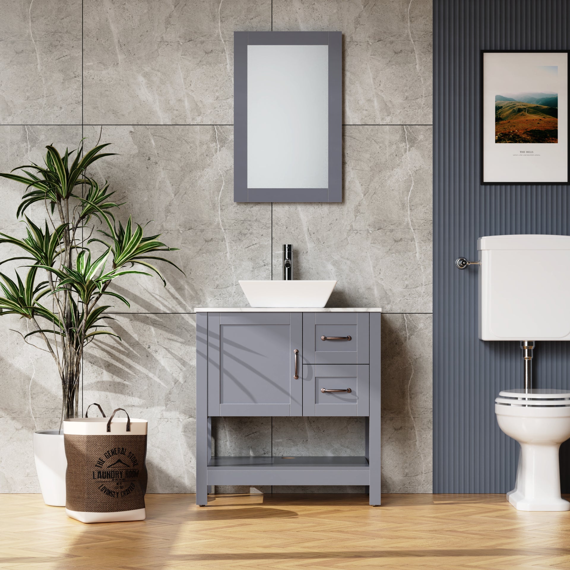 30" Gray Bathroom Vanity and Sink Combo Marble