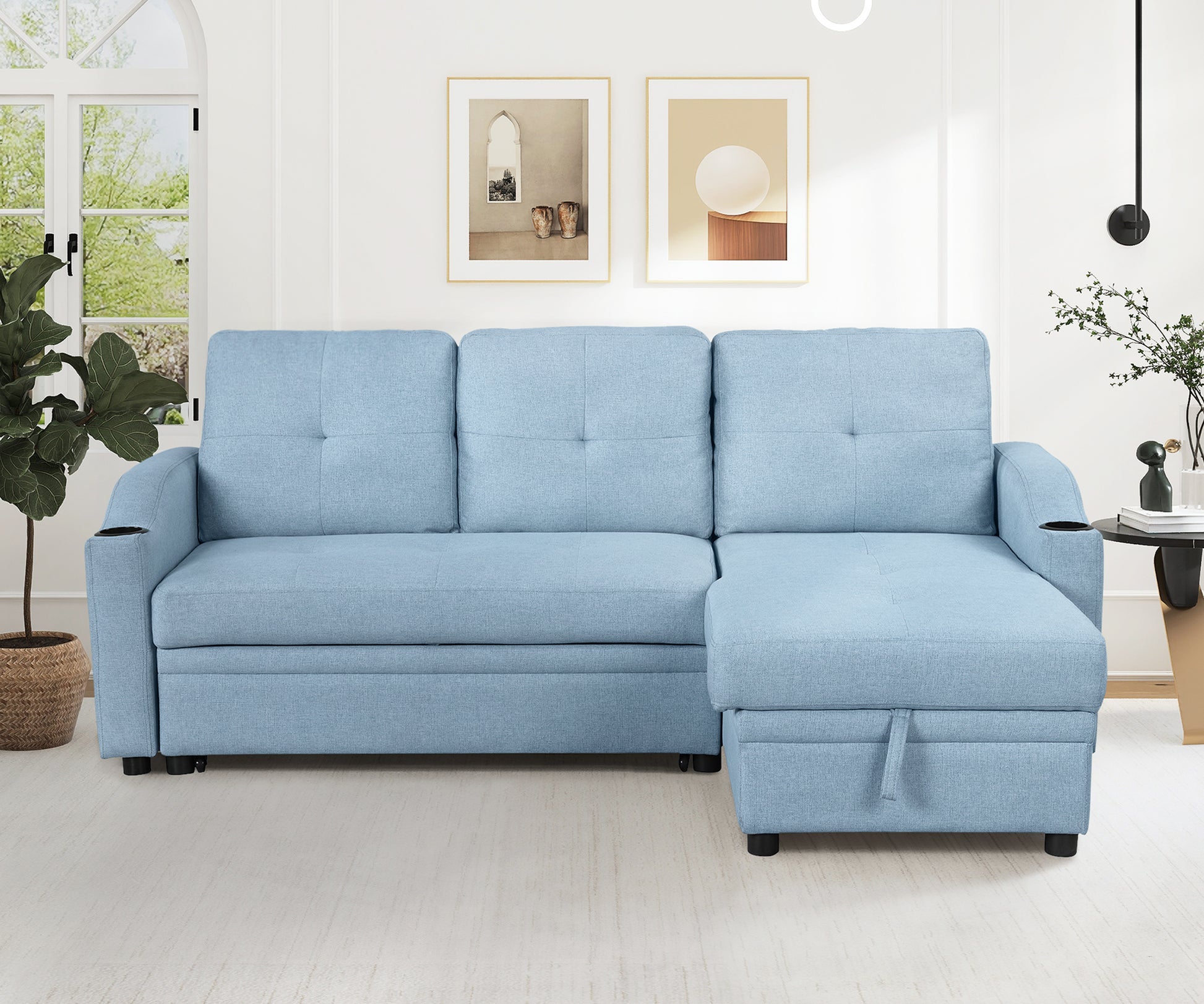 80.3" Orisfur. Pull Out Sofa Bed Modern Padded Upholstered Sofa Bedlinen Fabric 3 Seater Couch With Storage Chaise And Cup Holdersmall Couch For Small Spaces Blue Foam Linen