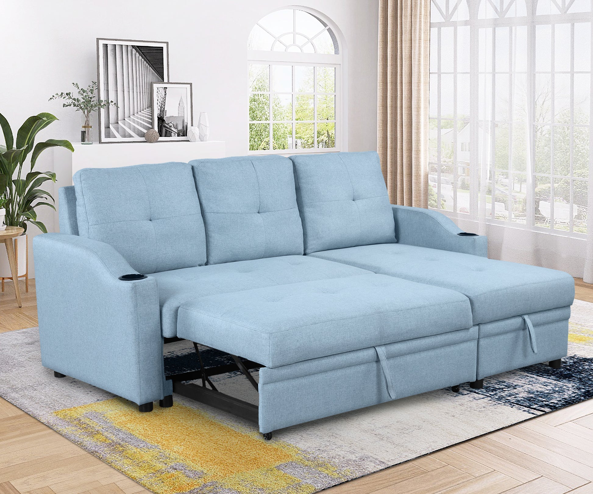 80.3" Orisfur. Pull Out Sofa Bed Modern Padded Upholstered Sofa Bedlinen Fabric 3 Seater Couch With Storage Chaise And Cup Holdersmall Couch For Small Spaces Blue Foam Linen