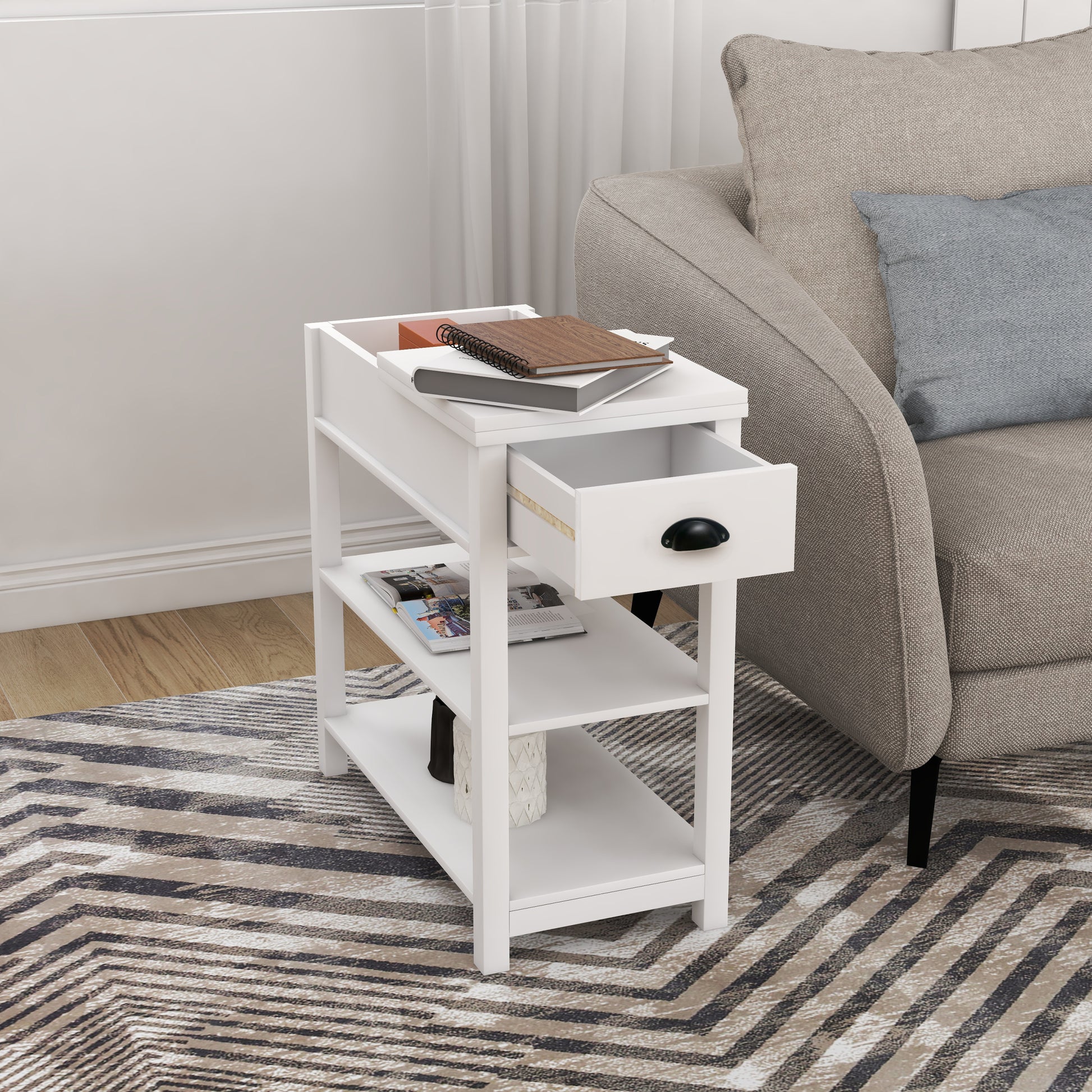 Narrow Sided Table With Drawers And Bottom Partition In Flip Over Design White White Mdf