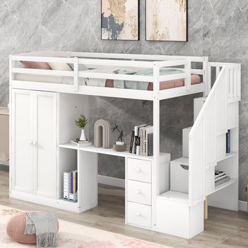 Twin Size Loft Bed With Wardrobe And Staircase, Desk And Storage Drawers And Cabinet In 1, White White Pine