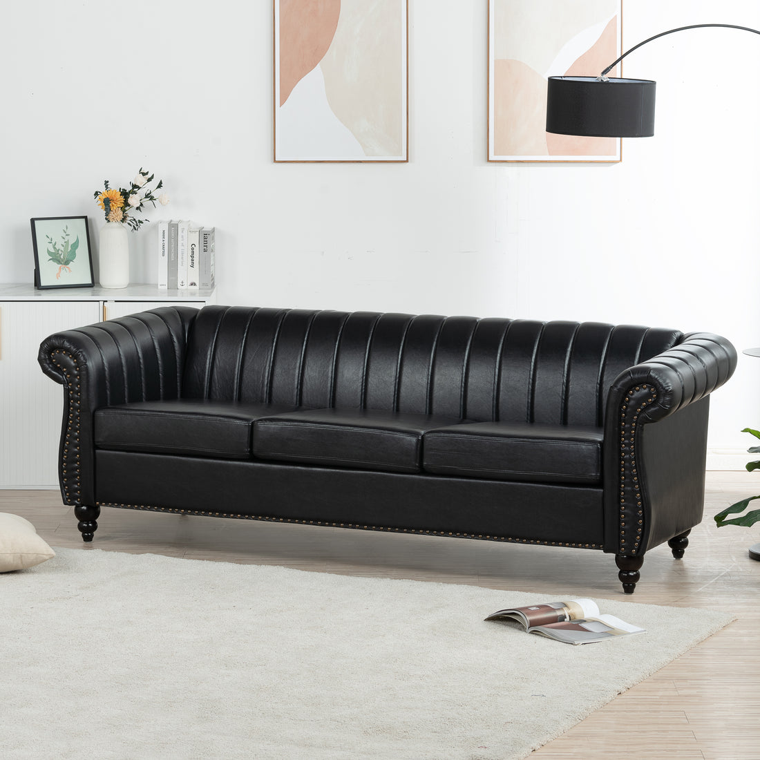 83.46'' Black Pu Rolled Arm Chesterfield Three Seater Sofa. Black Pu