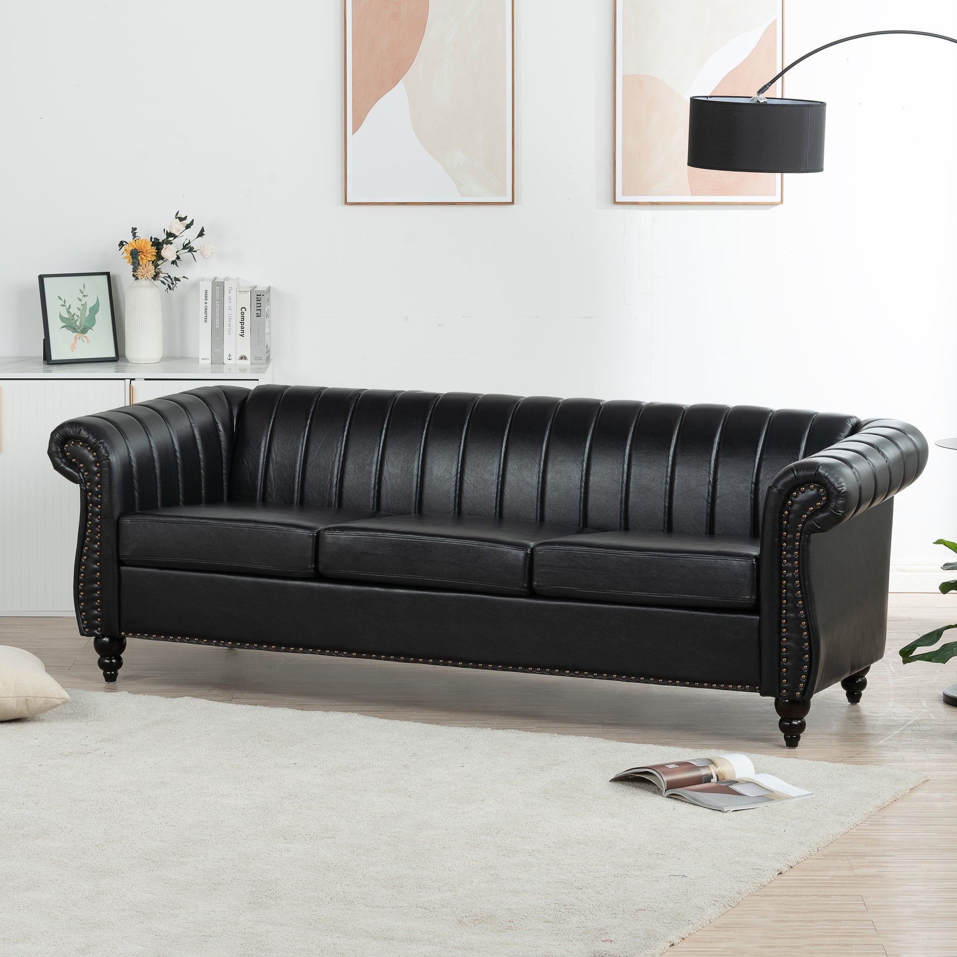 83.46'' Black Pu Rolled Arm Chesterfield Three Seater Sofa. Black Pu
