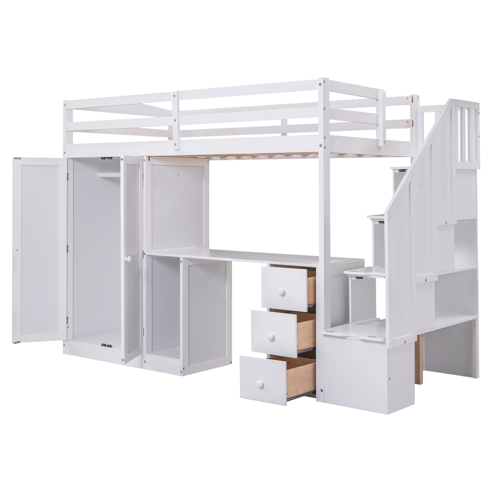 Twin Size Loft Bed With Wardrobe And Staircase, Desk And Storage Drawers And Cabinet In 1, White White Pine