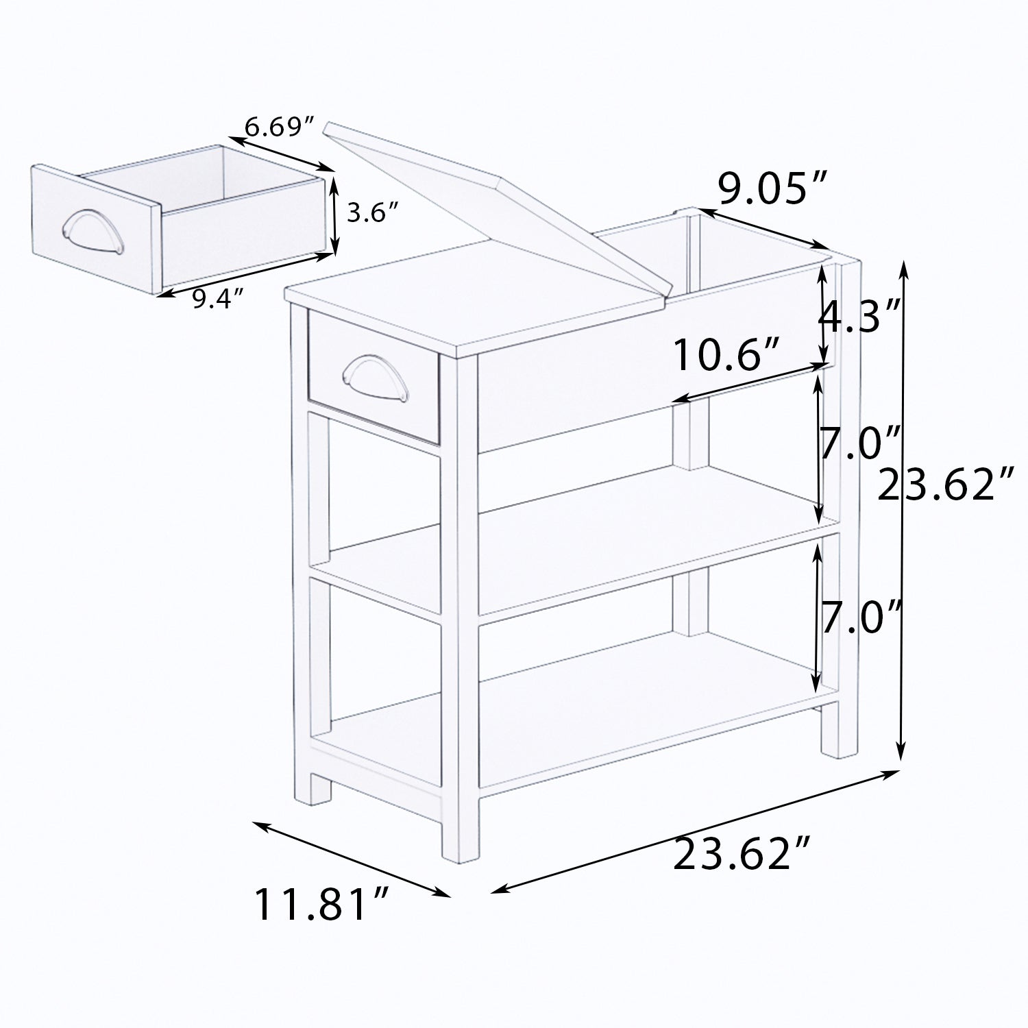 Narrow Sided Table With Drawers And Bottom Partition In Flip Over Design White White Mdf