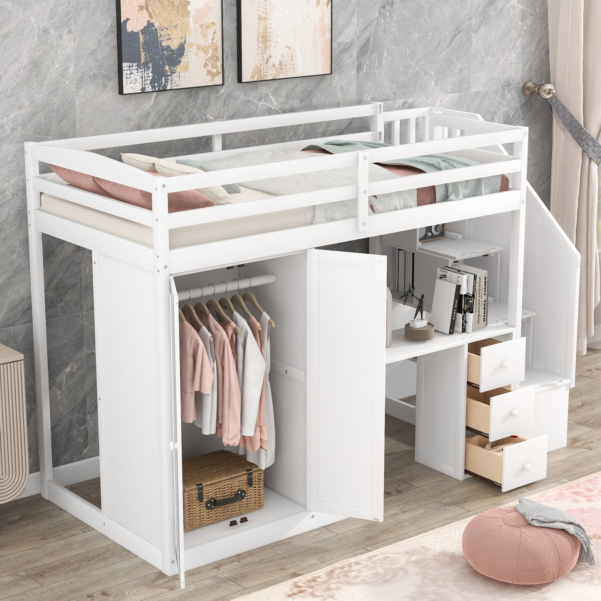 Twin Size Loft Bed With Wardrobe And Staircase, Desk And Storage Drawers And Cabinet In 1, White White Pine