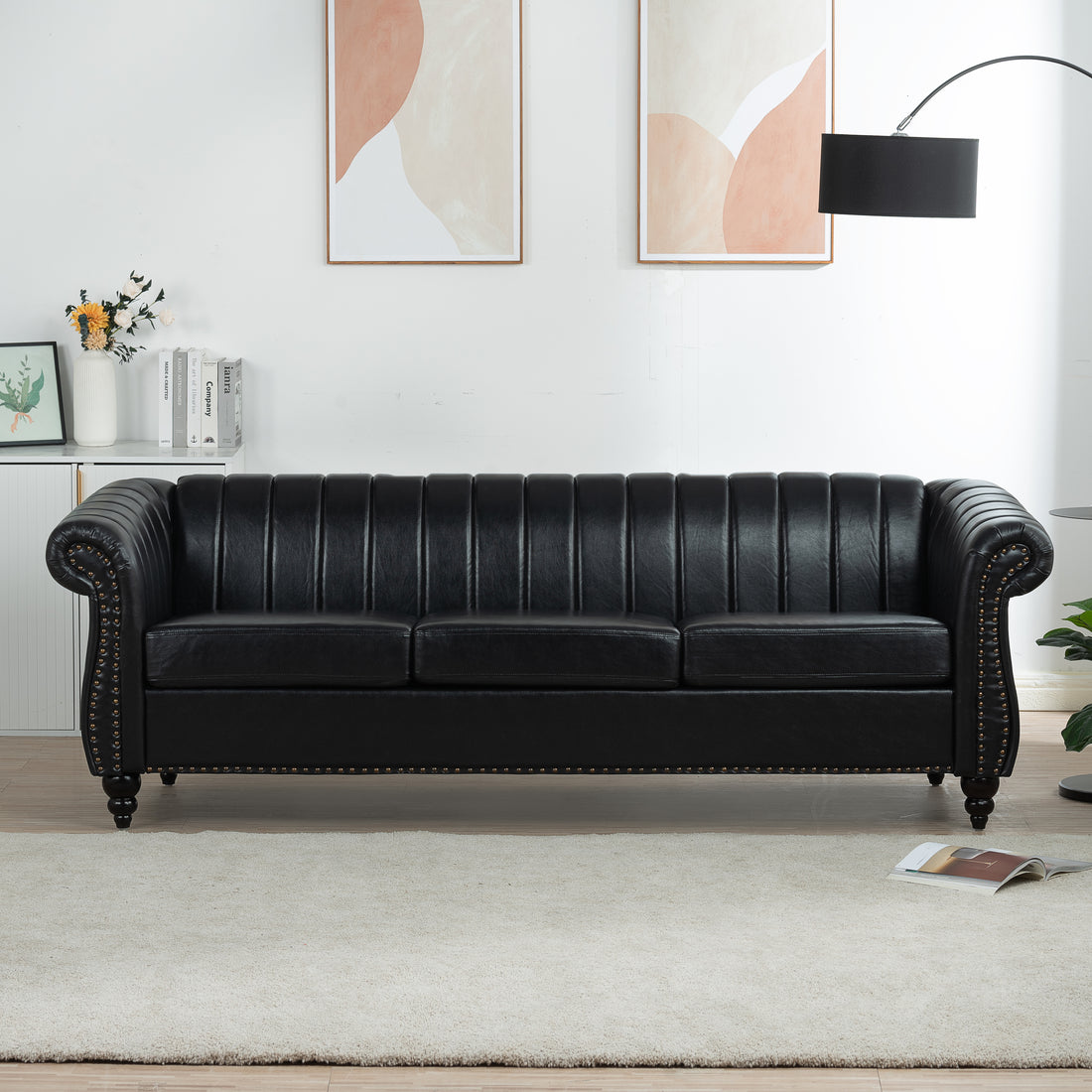 83.46'' Black Pu Rolled Arm Chesterfield Three Seater Sofa. Black Pu