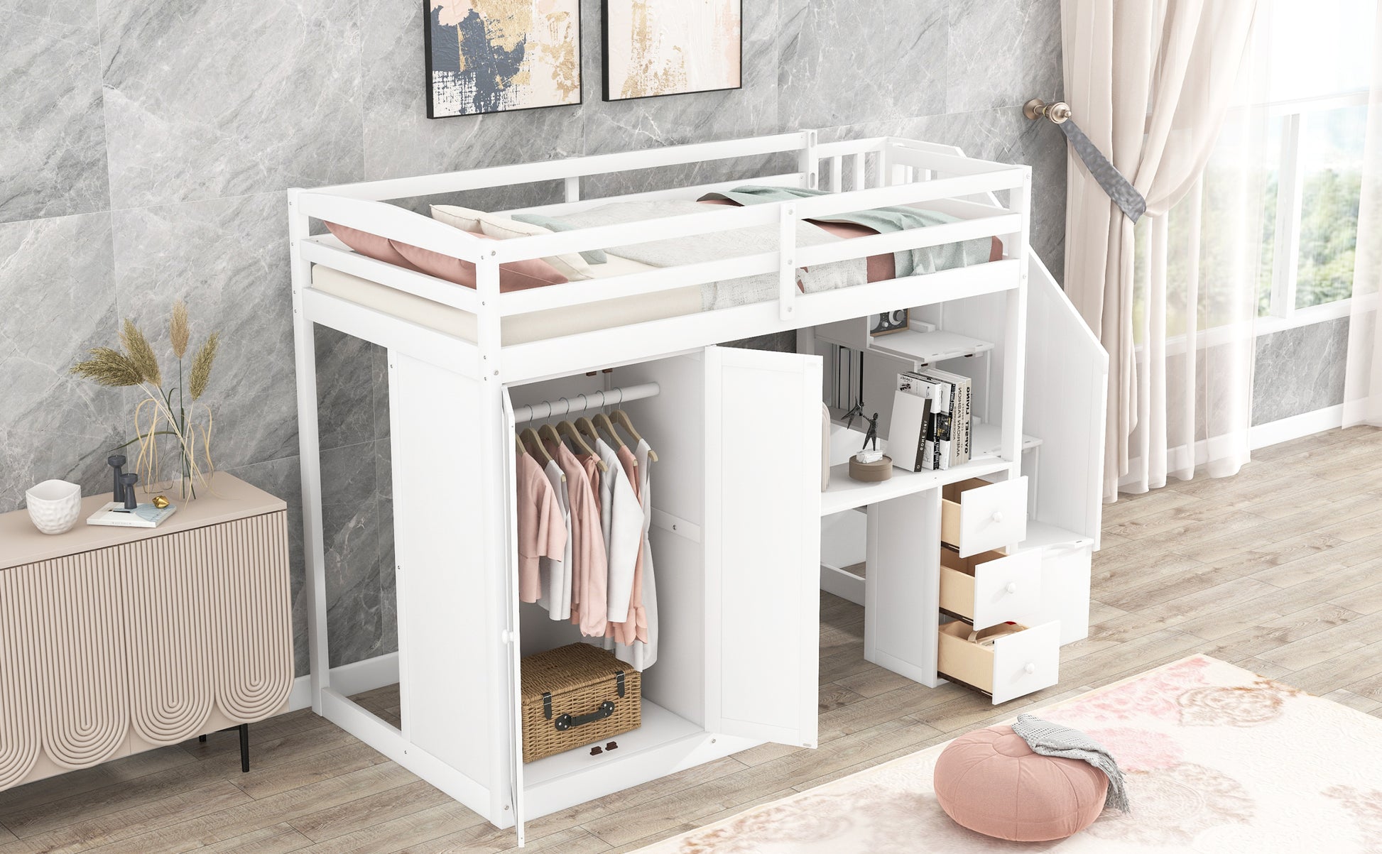 Twin Size Loft Bed With Wardrobe And Staircase, Desk And Storage Drawers And Cabinet In 1, White White Pine