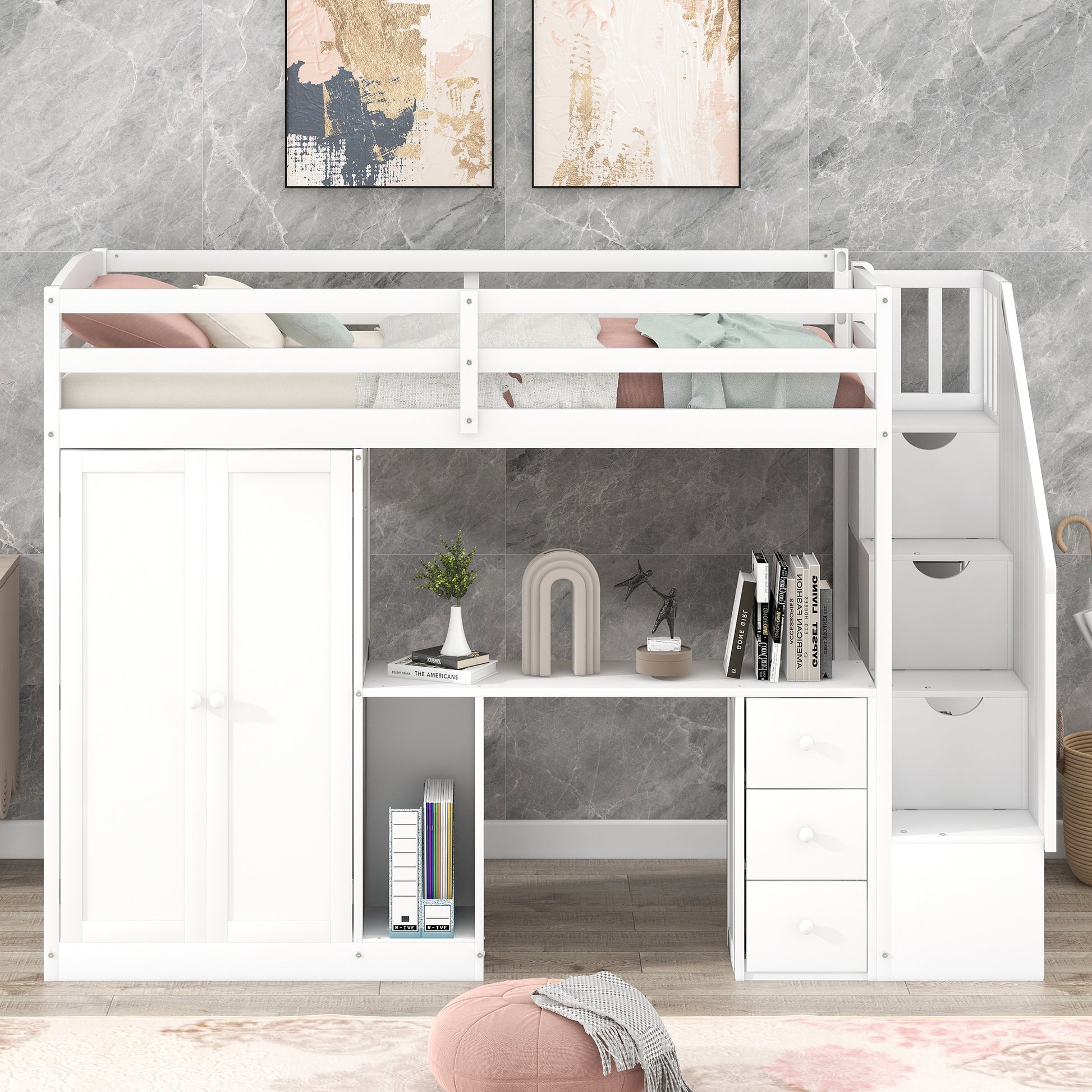 Twin Size Loft Bed With Wardrobe And Staircase, Desk And Storage Drawers And Cabinet In 1, White White Pine