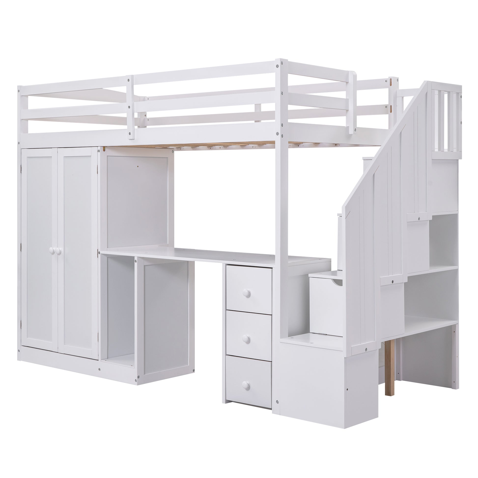 Twin Size Loft Bed With Wardrobe And Staircase, Desk And Storage Drawers And Cabinet In 1, White White Pine