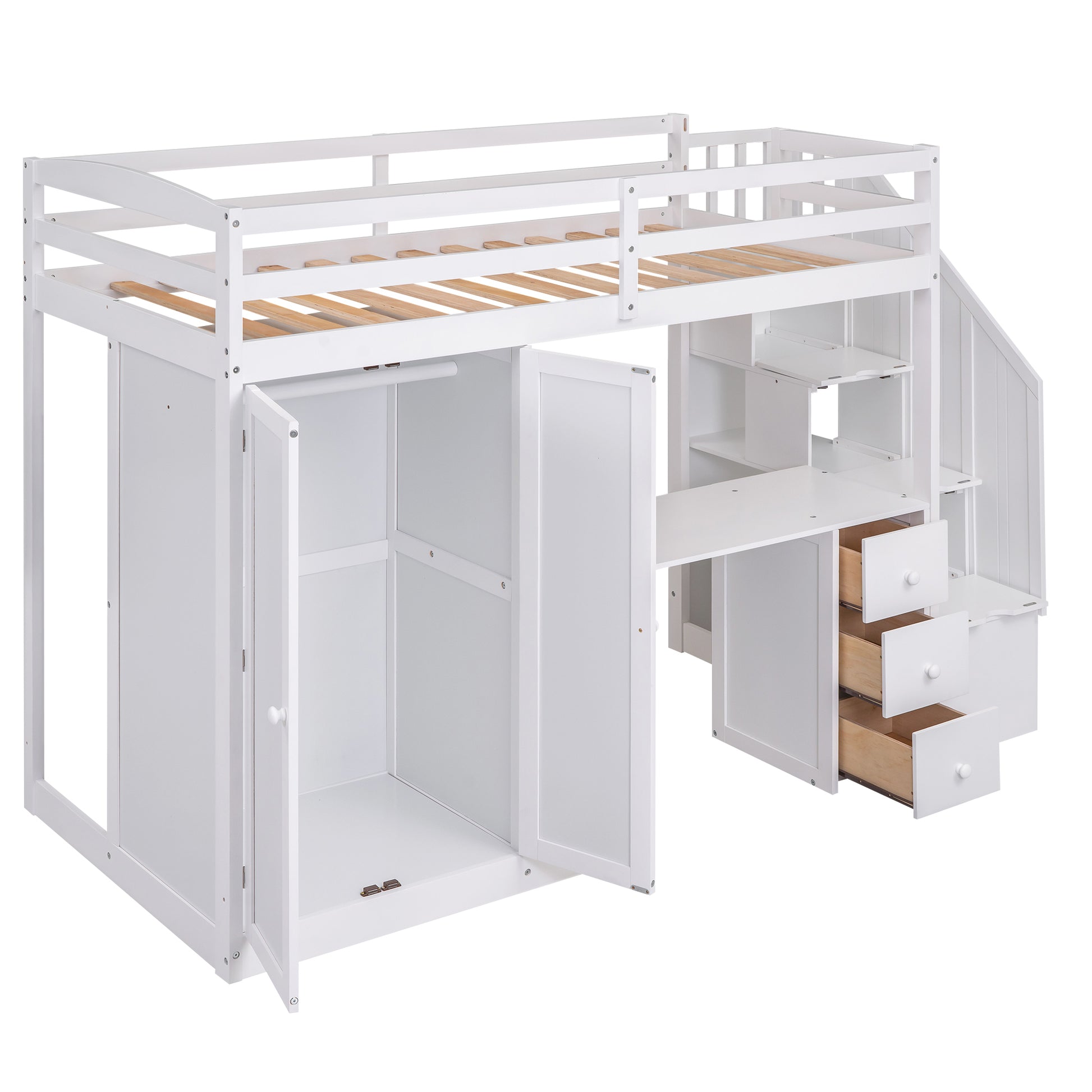 Twin Size Loft Bed With Wardrobe And Staircase, Desk And Storage Drawers And Cabinet In 1, White White Pine