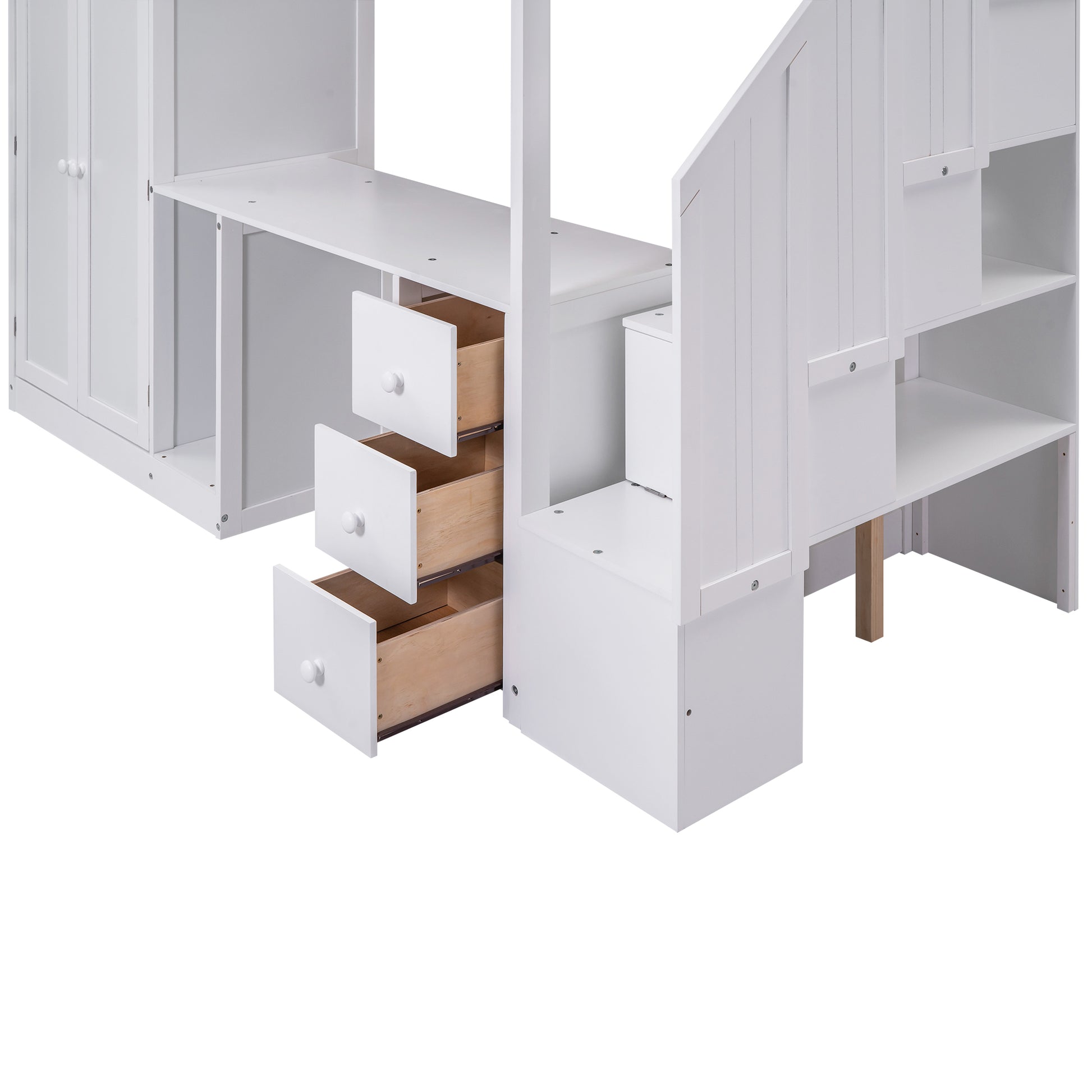 Twin Size Loft Bed With Wardrobe And Staircase, Desk And Storage Drawers And Cabinet In 1, White White Pine