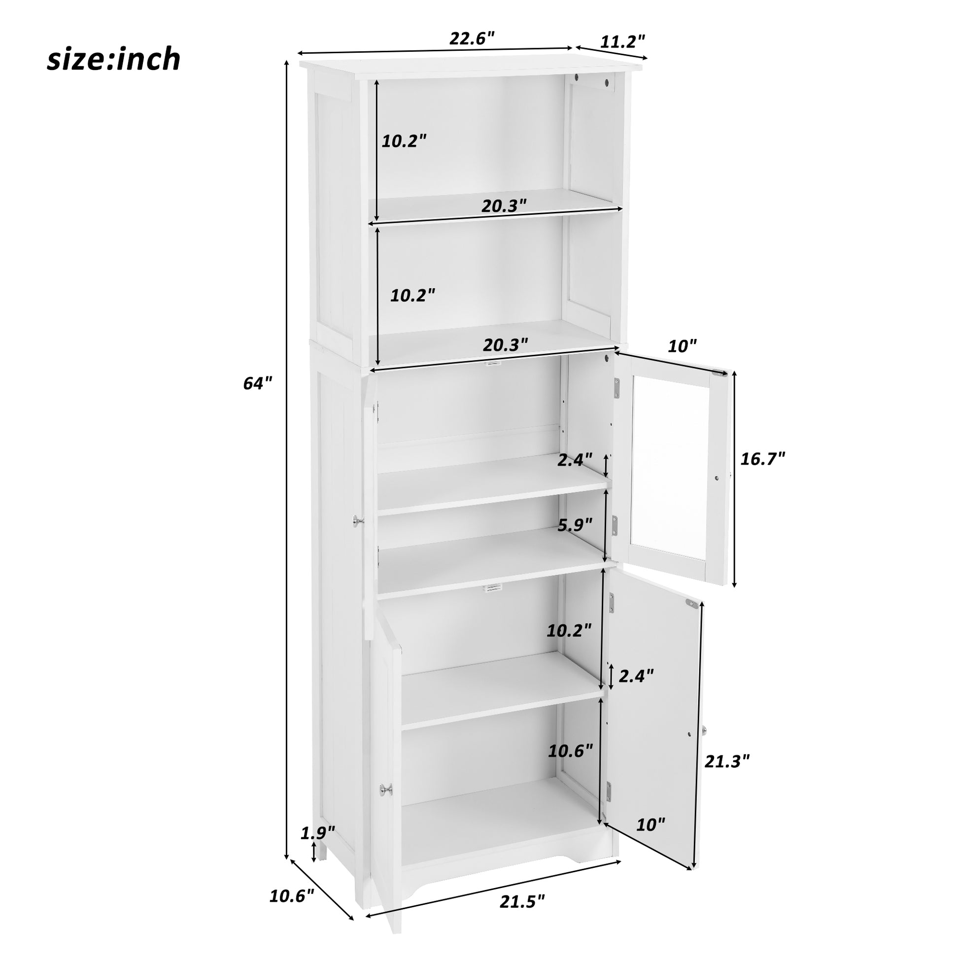 White Tall Storage Cabinet With Shelves And Doors For Bathroom, Kitchen And Living Room, Mdf Board White Mdf