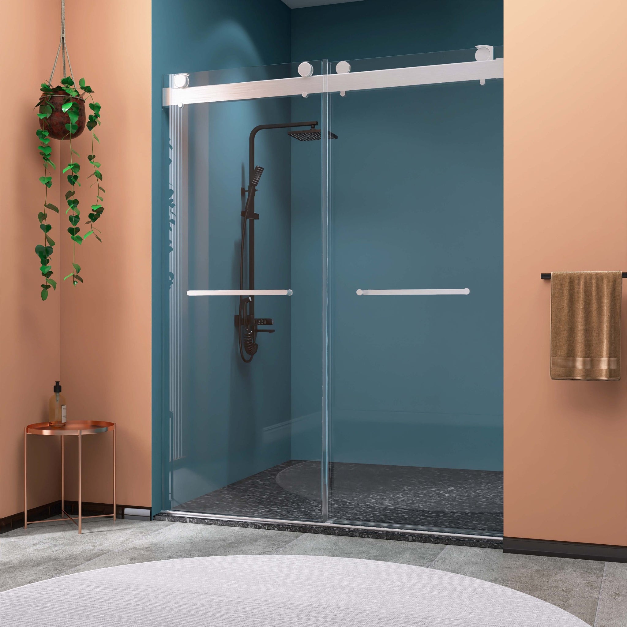 Frameless Double Sliding Shower, 69" 72" Width, 79" brushed nickel-bathroom-modern-glass