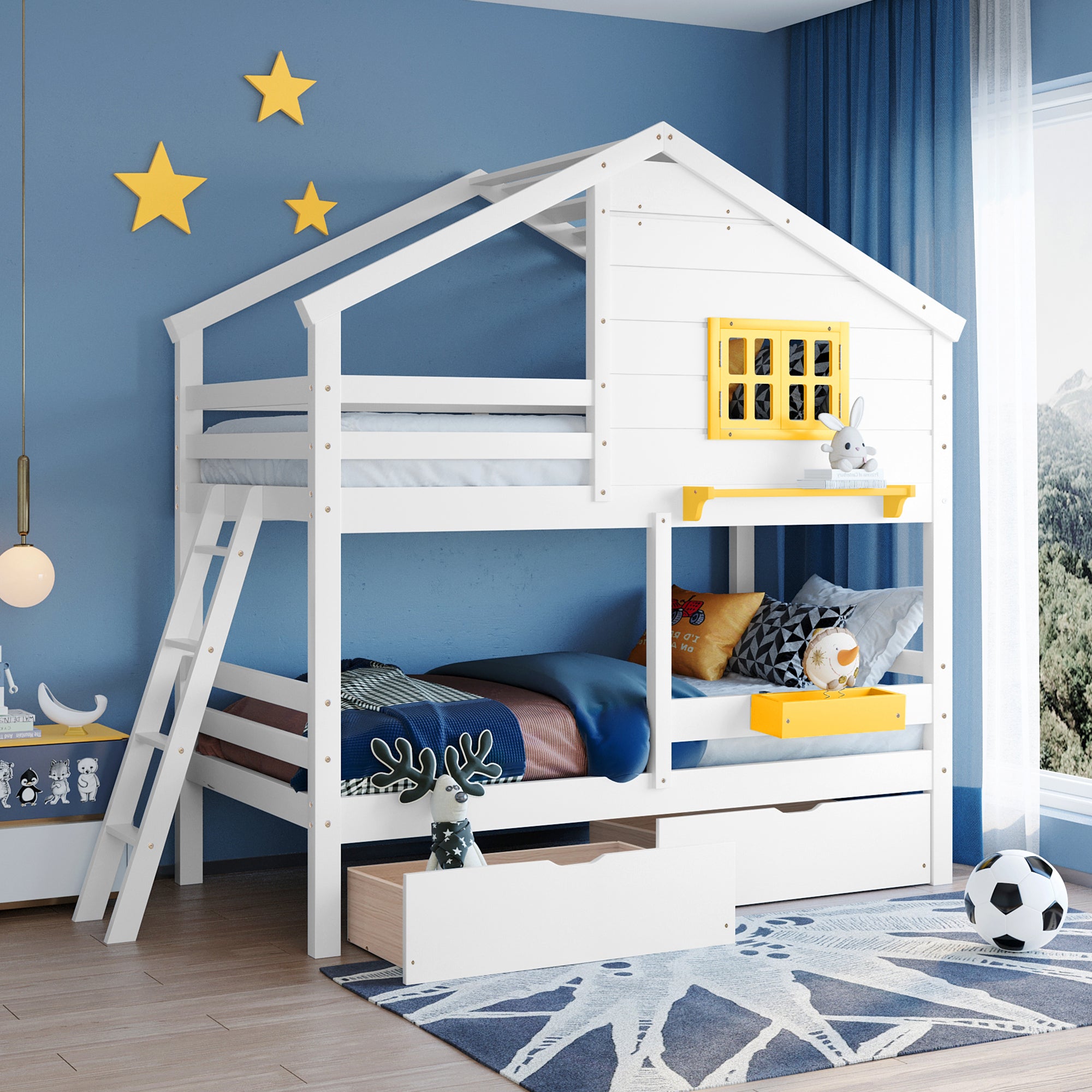 Twin Over Twin Bunk Bed With 2 Drawers, 1 Storage Box, 1 Shelf, Window And Roof White Old Sku:Lt000608Aak White Solid Wood