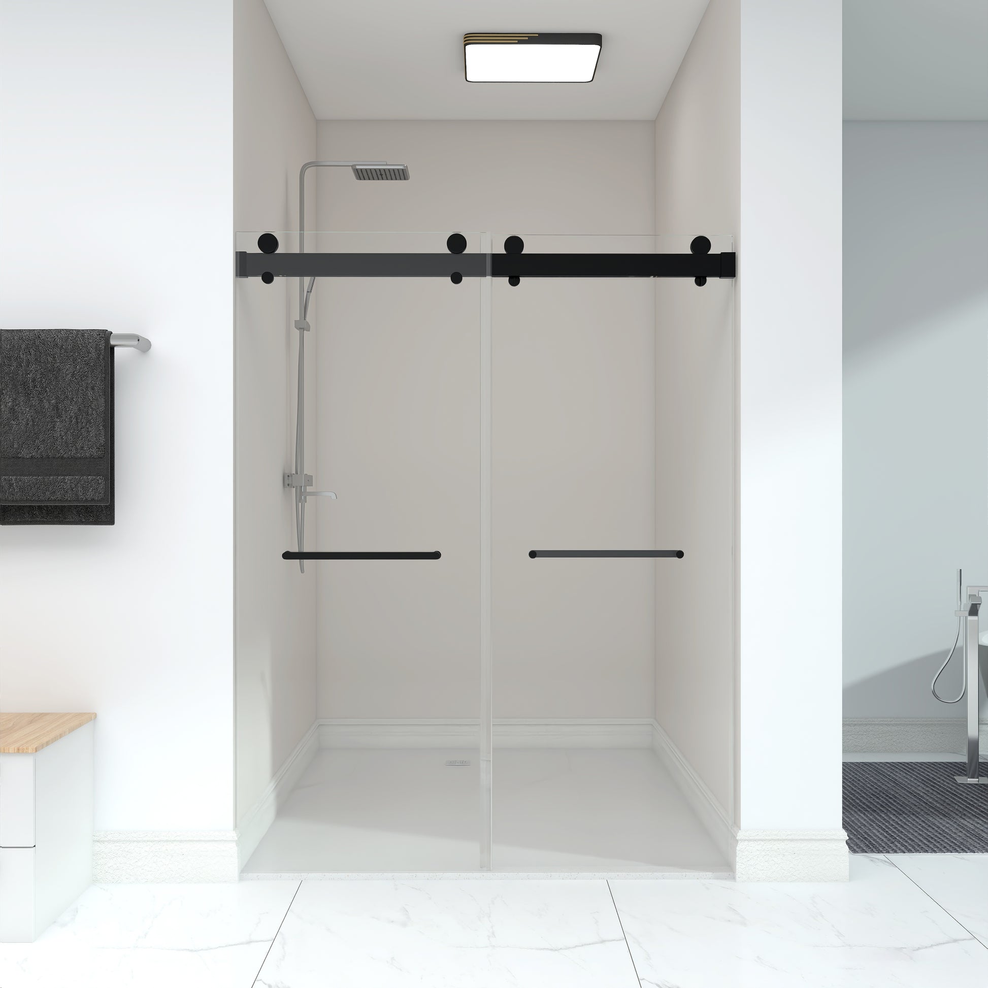 Frameless Double Sliding Shower, 57" 60" Width, 79" Height, 3 8" 10 Mm Clear Tempered Glass,Designed For Smooth Door Closing With Upgraded Crashproof System Technology Matte Black Finish Matte Black Bathroom Modern Glass