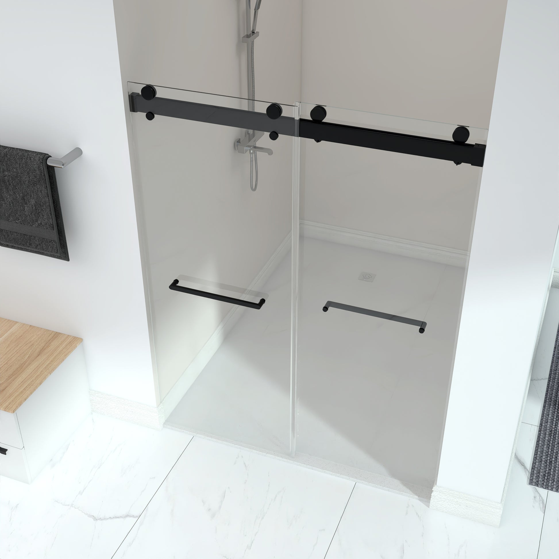 Frameless Double Sliding Shower, 57" 60" Width, 79" Height, 3 8" 10 Mm Clear Tempered Glass,Designed For Smooth Door Closing With Upgraded Crashproof System Technology Matte Black Finish Matte Black Bathroom Modern Glass