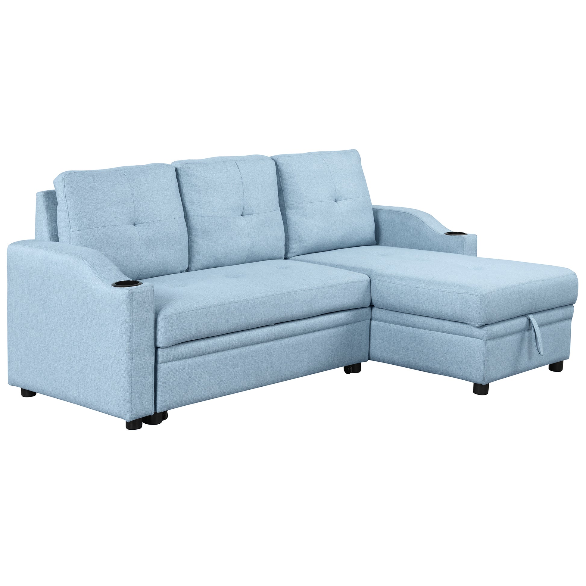 80.3" Orisfur. Pull Out Sofa Bed Modern Padded Upholstered Sofa Bedlinen Fabric 3 Seater Couch With Storage Chaise And Cup Holdersmall Couch For Small Spaces Blue Foam Linen