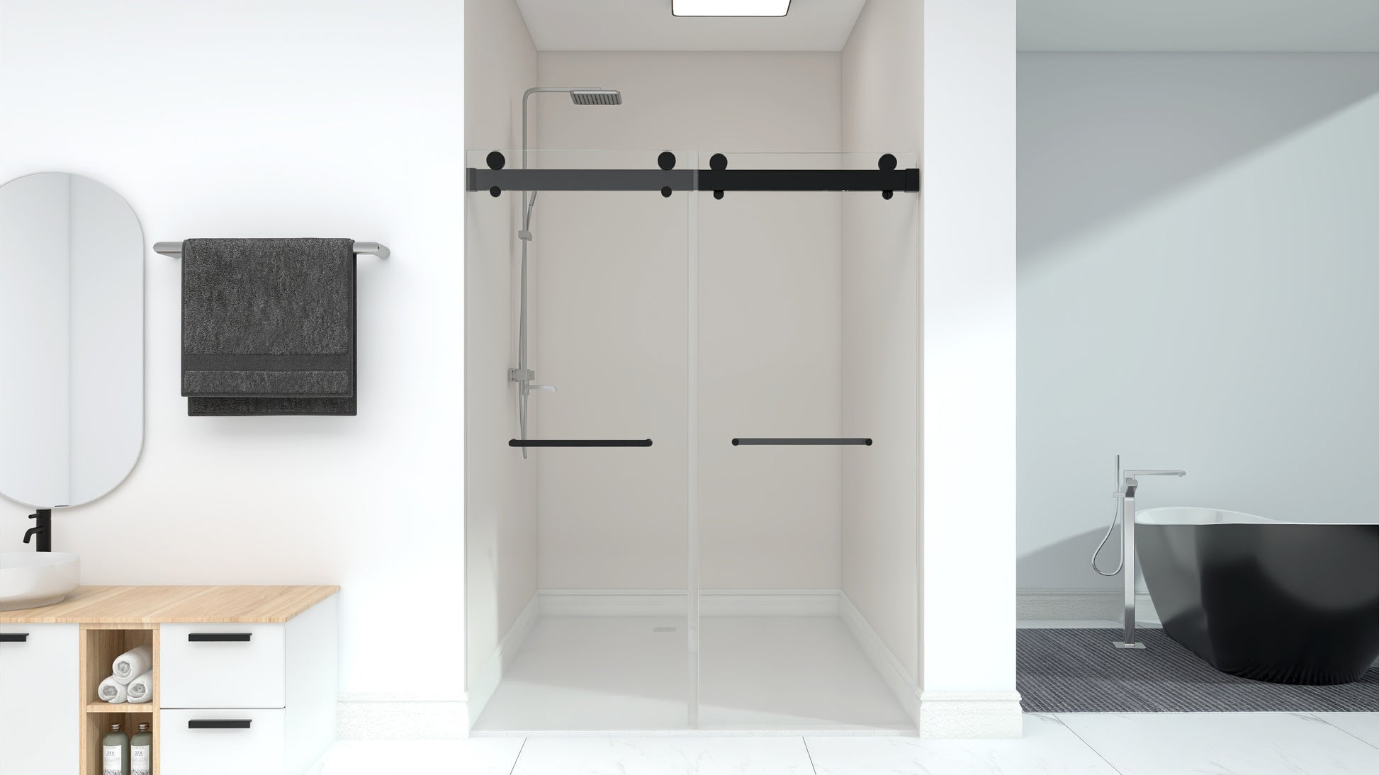 Frameless Double Sliding Shower, 57" 60" Width, 79" Height, 3 8" 10 Mm Clear Tempered Glass,Designed For Smooth Door Closing With Upgraded Crashproof System Technology Matte Black Finish Matte Black Bathroom Modern Glass