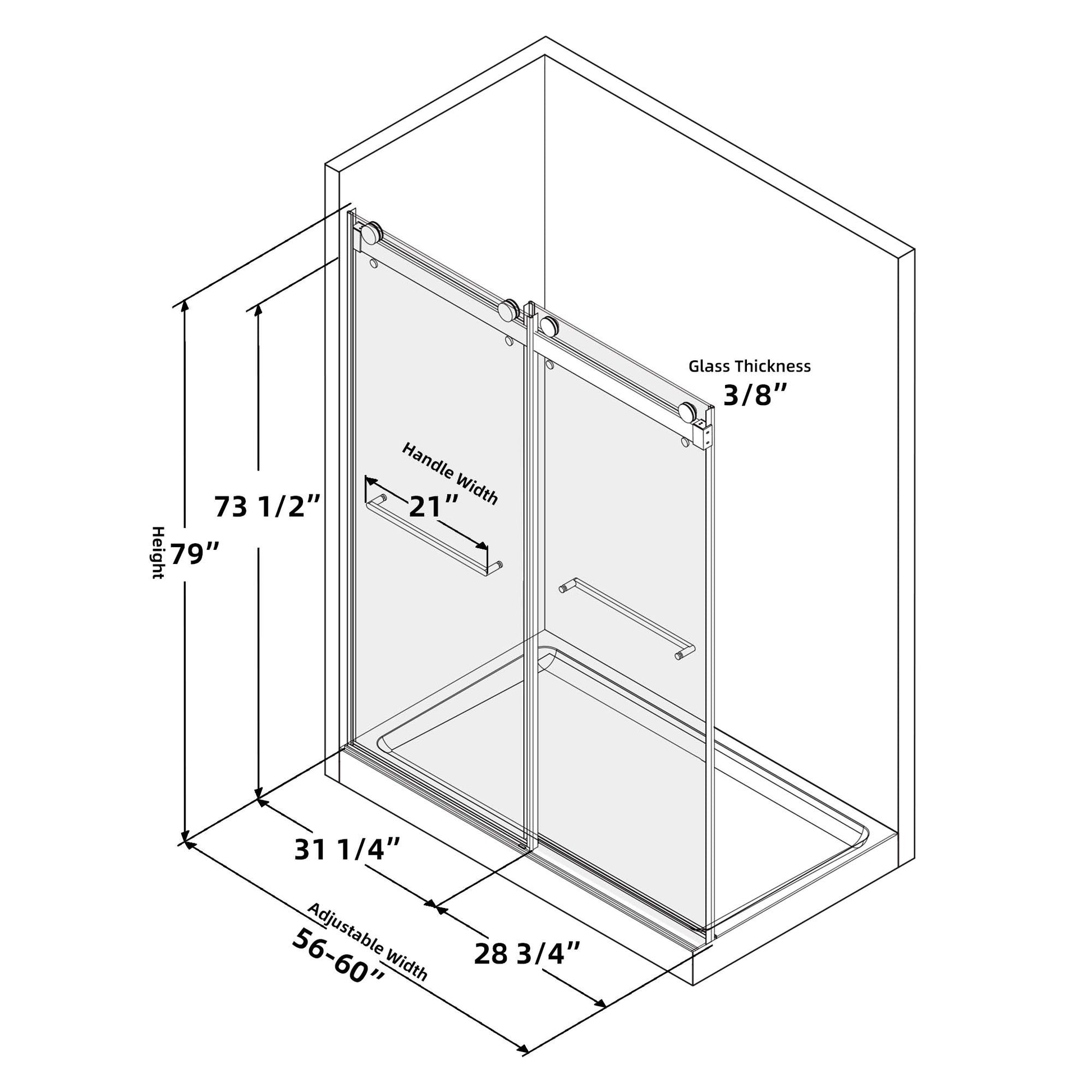 Frameless Double Sliding Shower, 57" 60" Width, 79" Height, 3 8" 10 Mm Clear Tempered Glass,Designed For Smooth Door Closing With Upgraded Crashproof System Technology Matte Black Finish Matte Black Bathroom Modern Glass