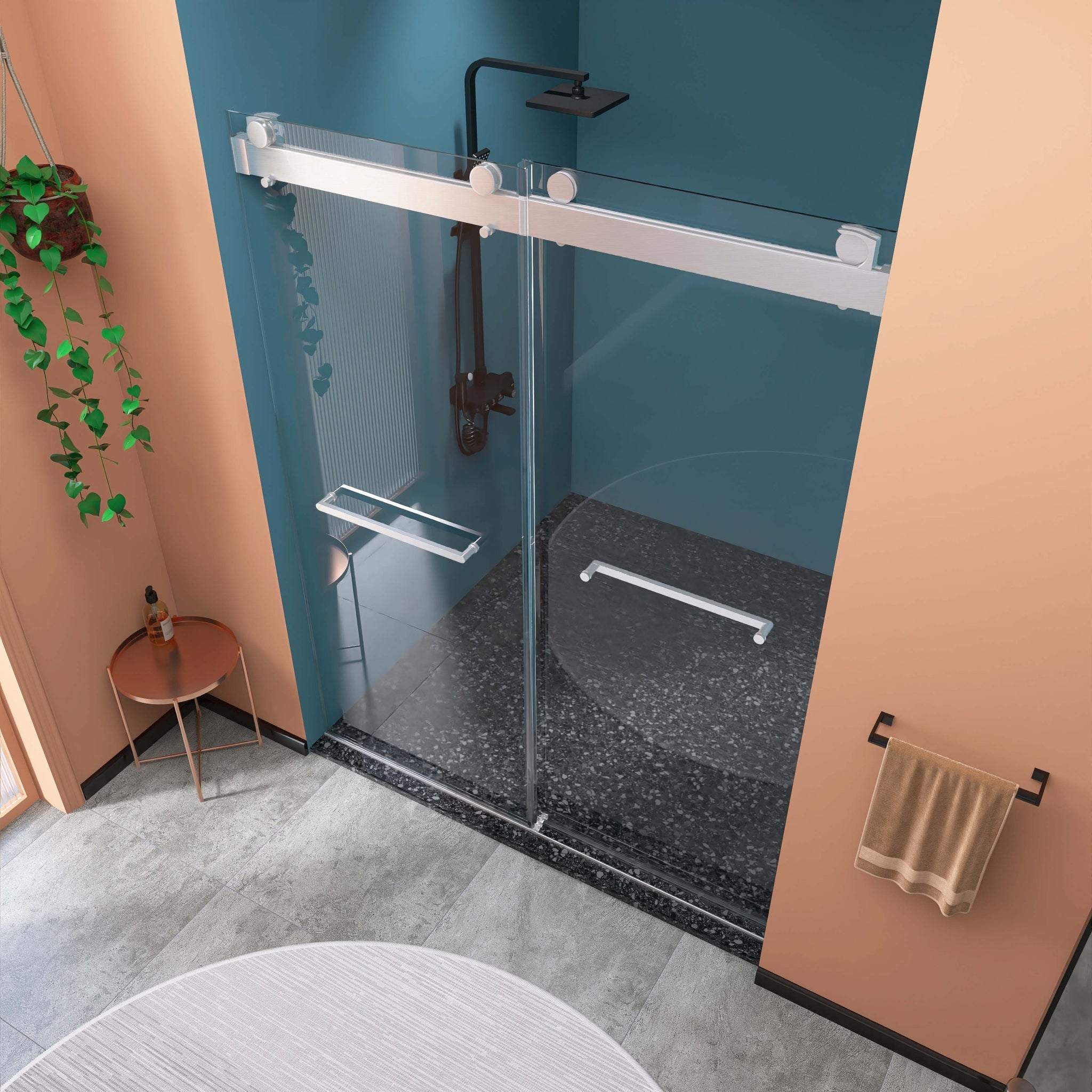 Frameless Double Sliding Shower, 69" 72" Width, 79" brushed nickel-bathroom-modern-glass