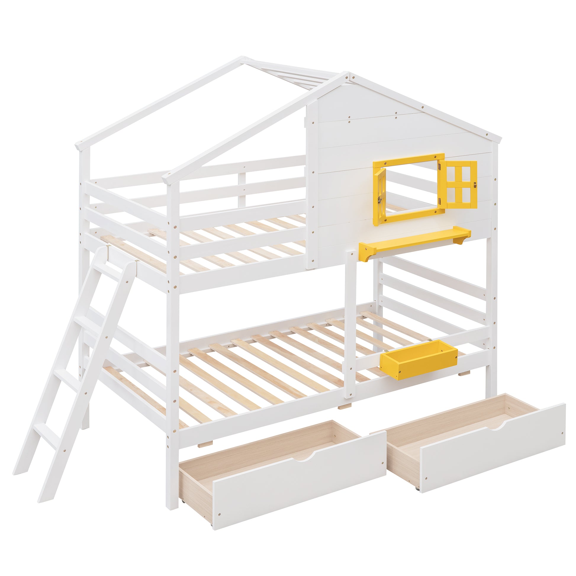 Twin Over Twin Bunk Bed With 2 Drawers, 1 Storage Box, 1 Shelf, Window And Roof White Old Sku:Lt000608Aak White Solid Wood