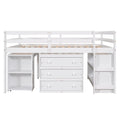 Low Study Full Loft Bed With Cabinet ,Shelves And Rolling Portable Desk ,Multiple Functions Bed White White Solid Wood