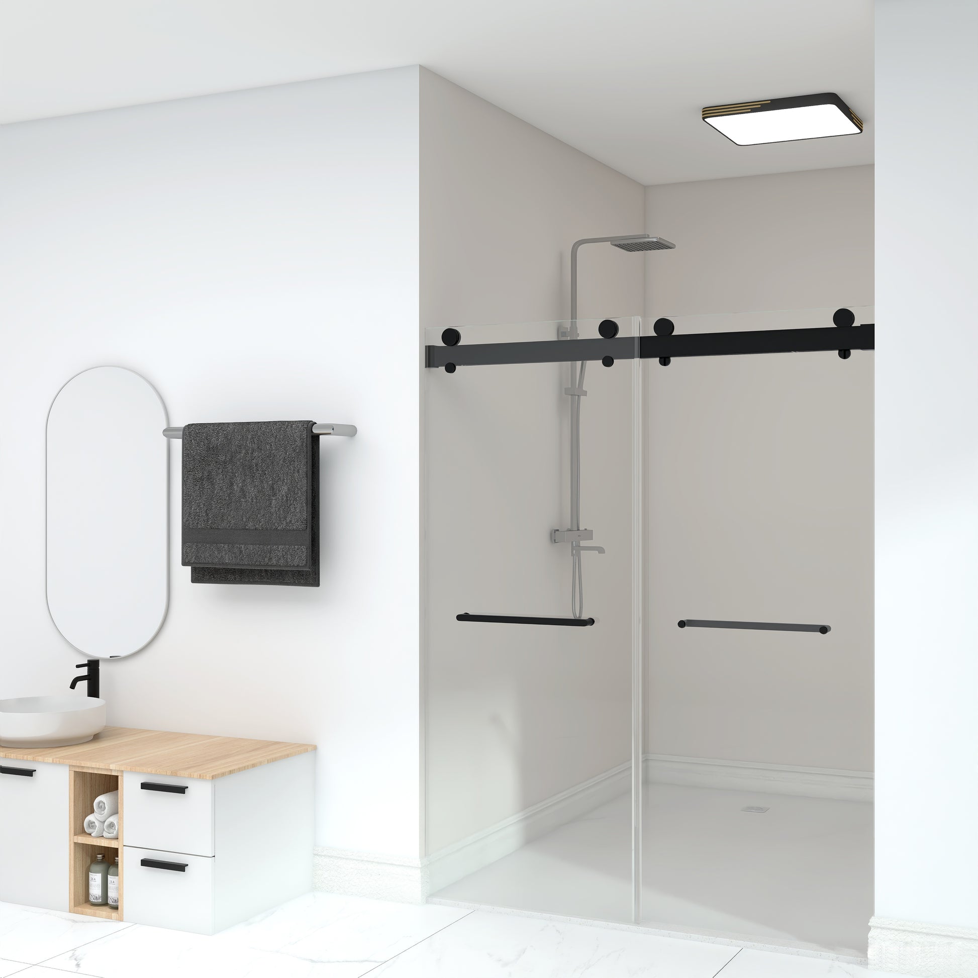 Frameless Double Sliding Shower, 57" 60" Width, 79" Height, 3 8" 10 Mm Clear Tempered Glass,Designed For Smooth Door Closing With Upgraded Crashproof System Technology Matte Black Finish Matte Black Bathroom Modern Glass