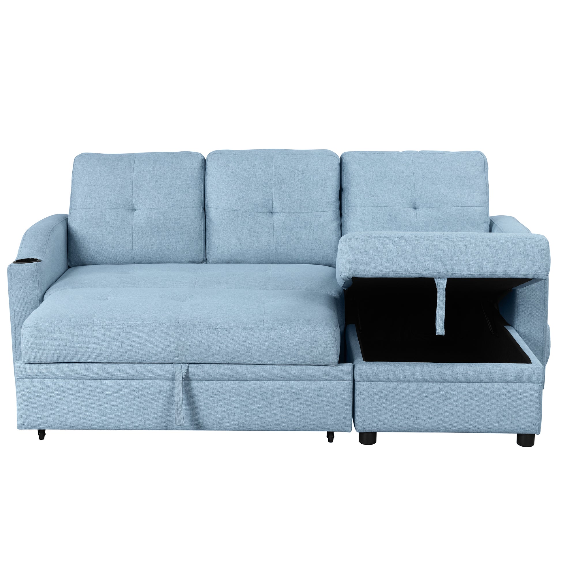 80.3" Orisfur. Pull Out Sofa Bed Modern Padded Upholstered Sofa Bedlinen Fabric 3 Seater Couch With Storage Chaise And Cup Holdersmall Couch For Small Spaces Blue Foam Linen