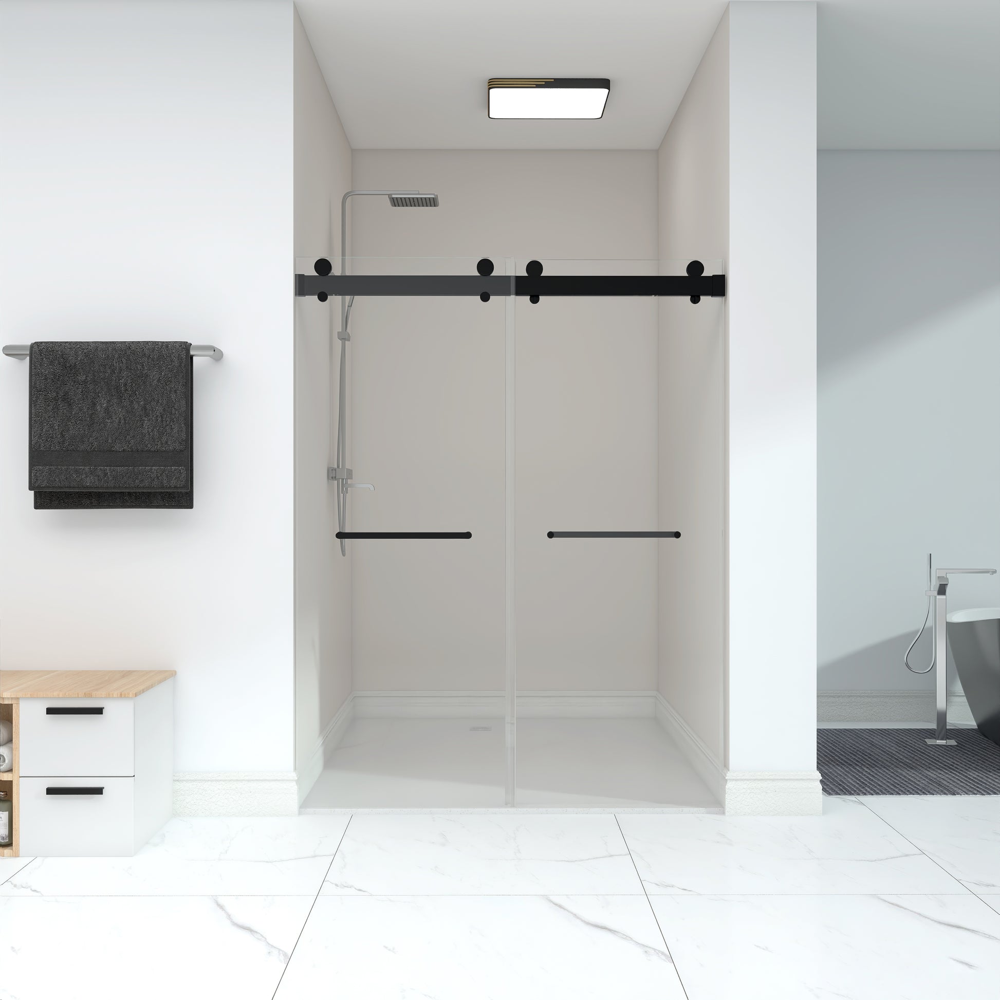 Frameless Double Sliding Shower, 57" 60" Width, 79" Height, 3 8" 10 Mm Clear Tempered Glass,Designed For Smooth Door Closing With Upgraded Crashproof System Technology Matte Black Finish Matte Black Bathroom Modern Glass