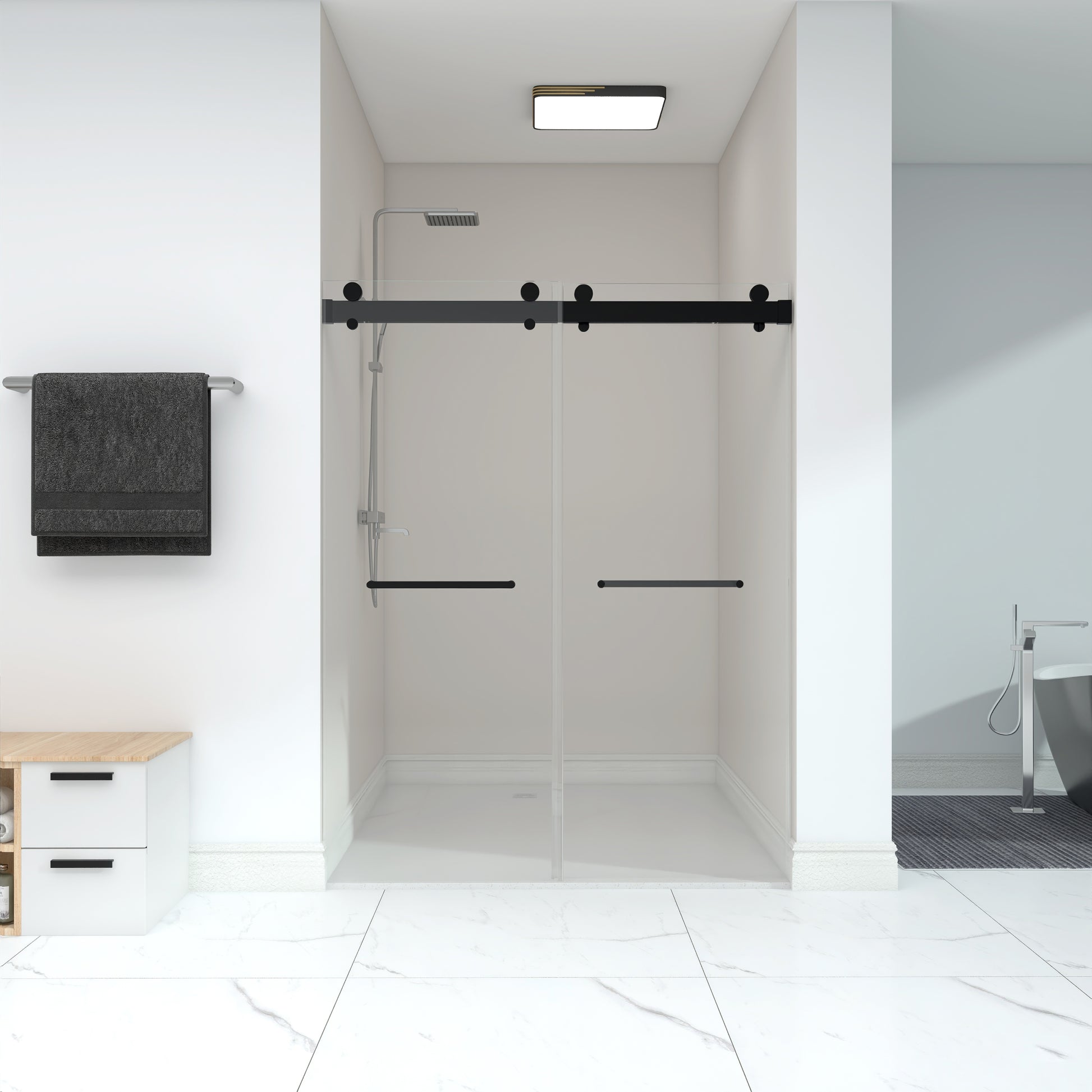 Frameless Double Sliding Shower, 57" 60" Width, 79" matte black-bathroom-modern-glass