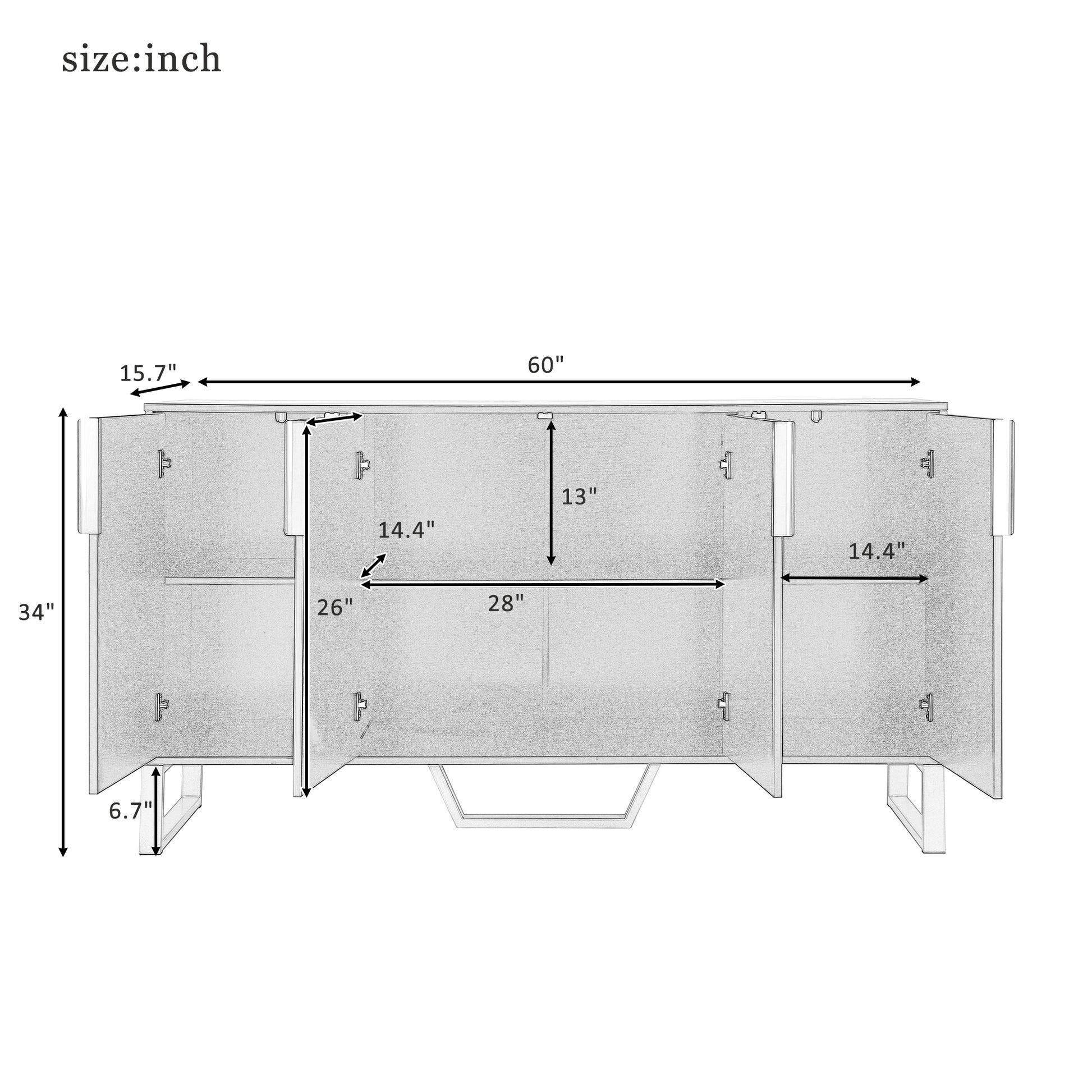 Modern Sideboard With Four Doors, Metal Handles & Legs And Adjustable Shelves Kitchen Cabinet White White Particle Board