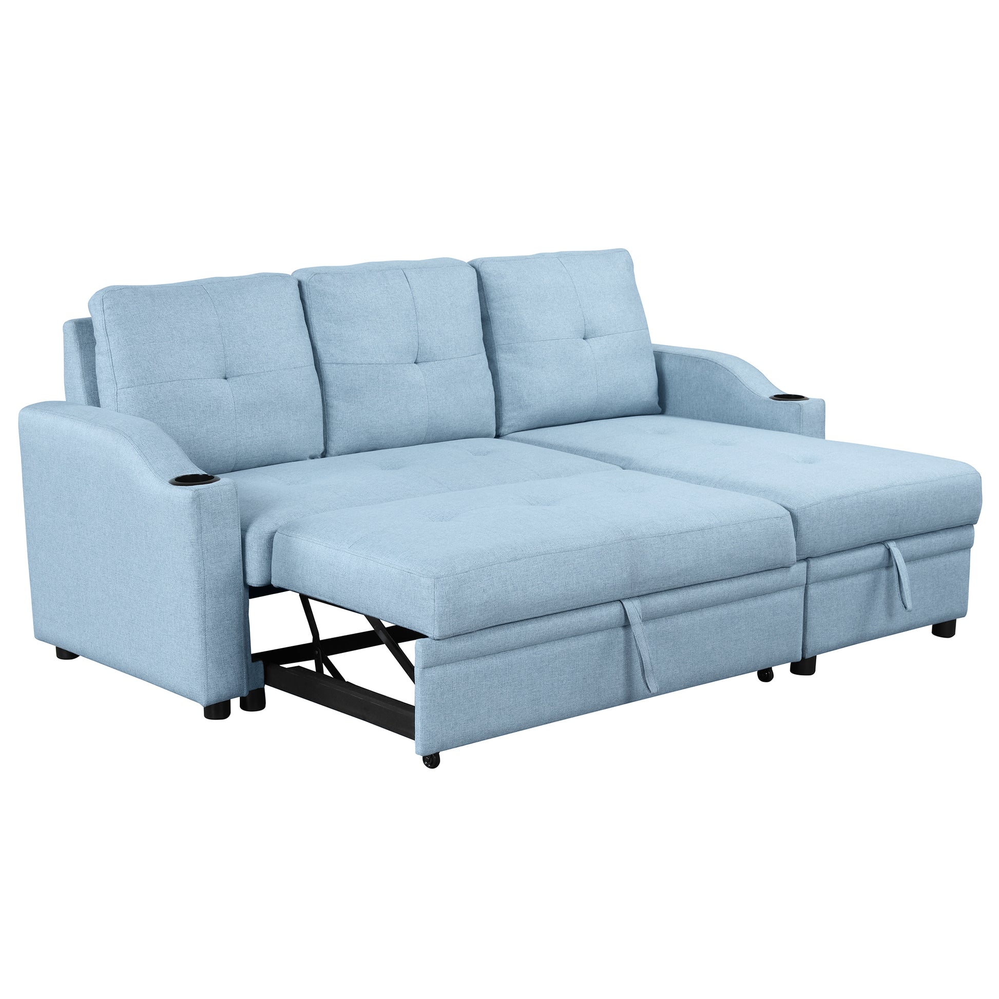 80.3" Orisfur. Pull Out Sofa Bed Modern Padded Upholstered Sofa Bedlinen Fabric 3 Seater Couch With Storage Chaise And Cup Holdersmall Couch For Small Spaces Blue Foam Linen